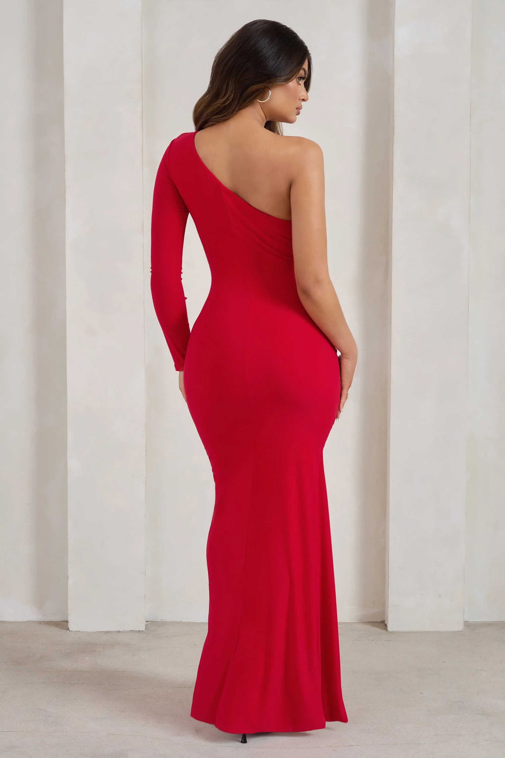 Doll | Red Asymmetric One Sleeve Ruched Maxi Dress