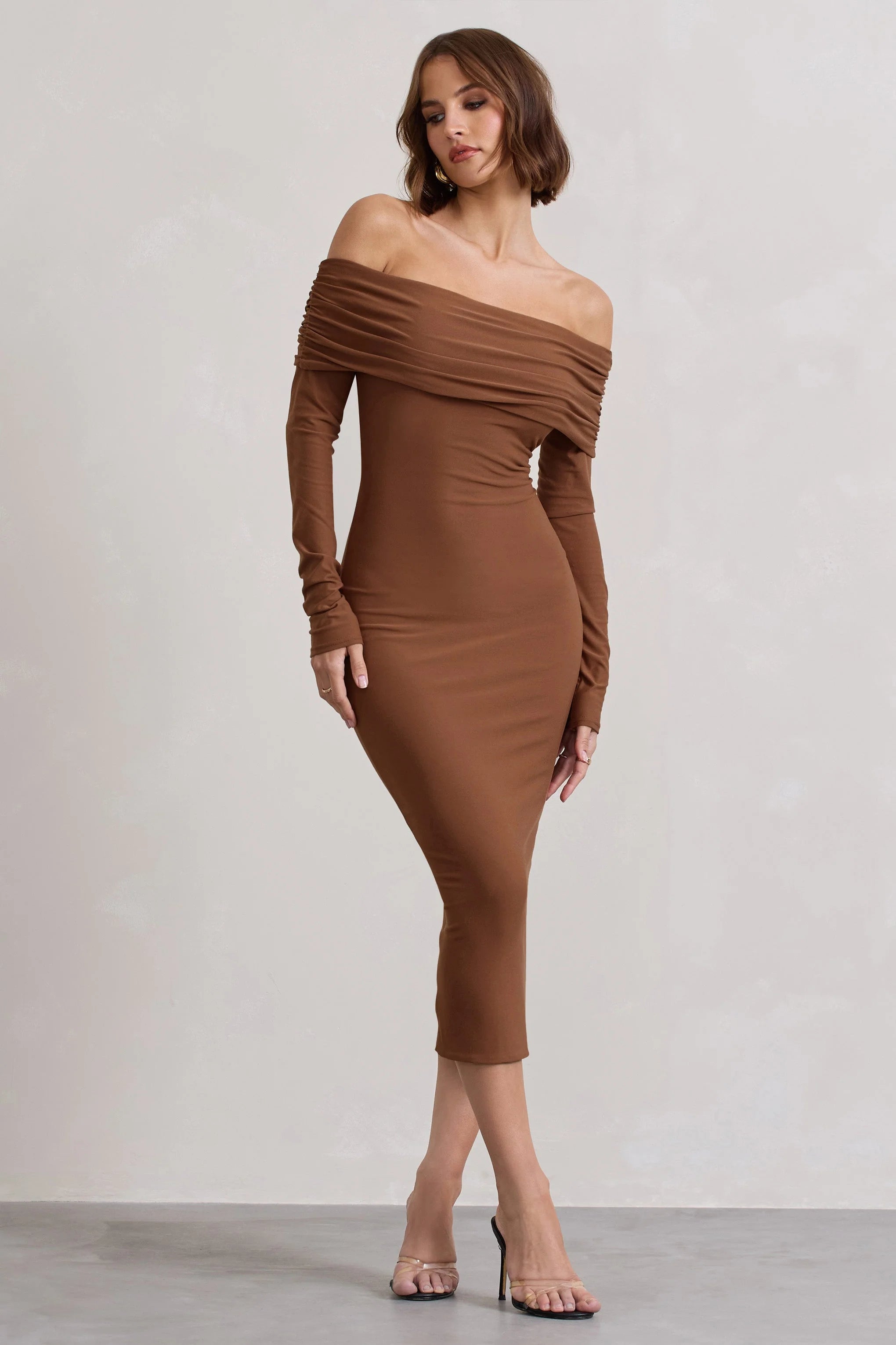Intercept | Brown Bodycon Bardot Tie-Back Midi Dress