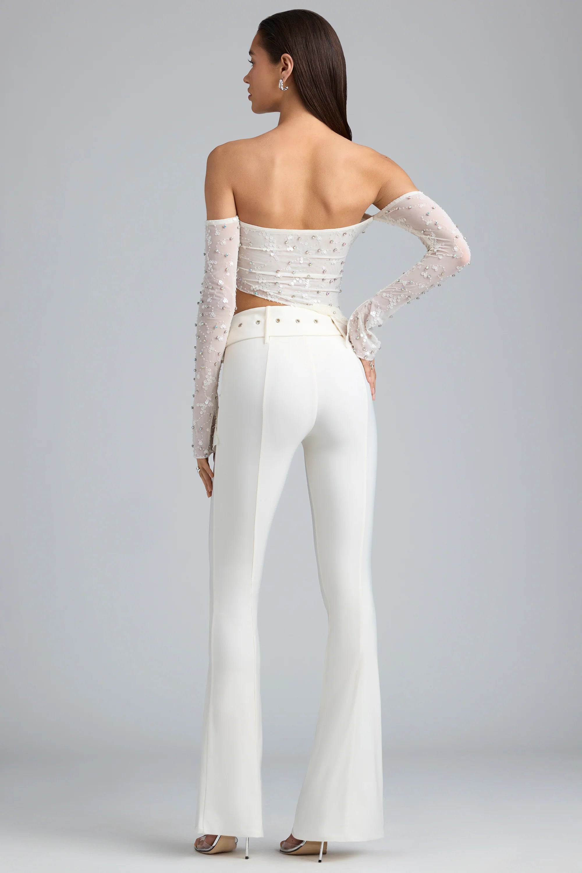 Petite Metallic Belted Mid-Rise Flared Trousers in Ivory
