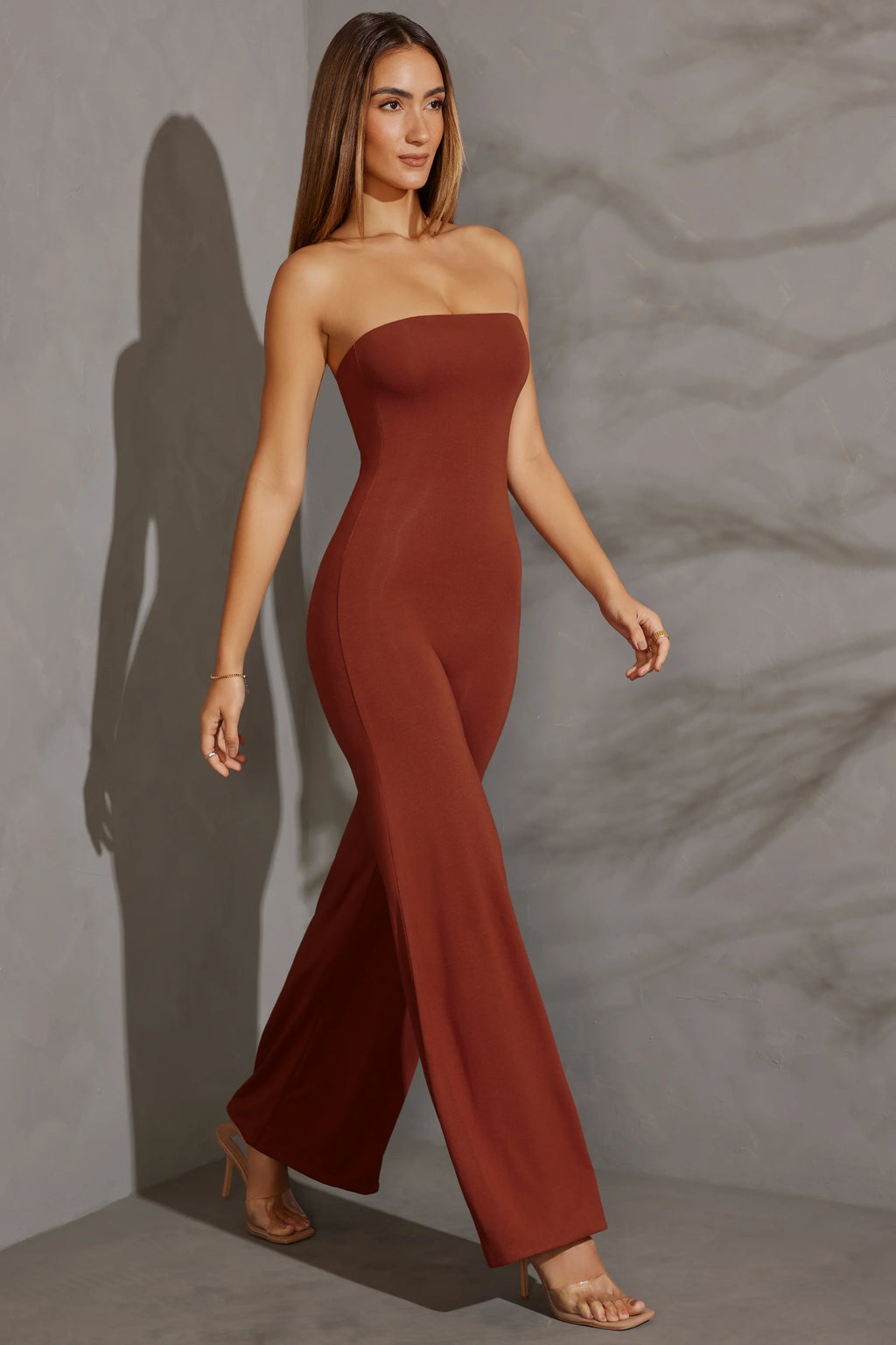 Petite Bandeau Wide Leg Jumpsuit in Brick