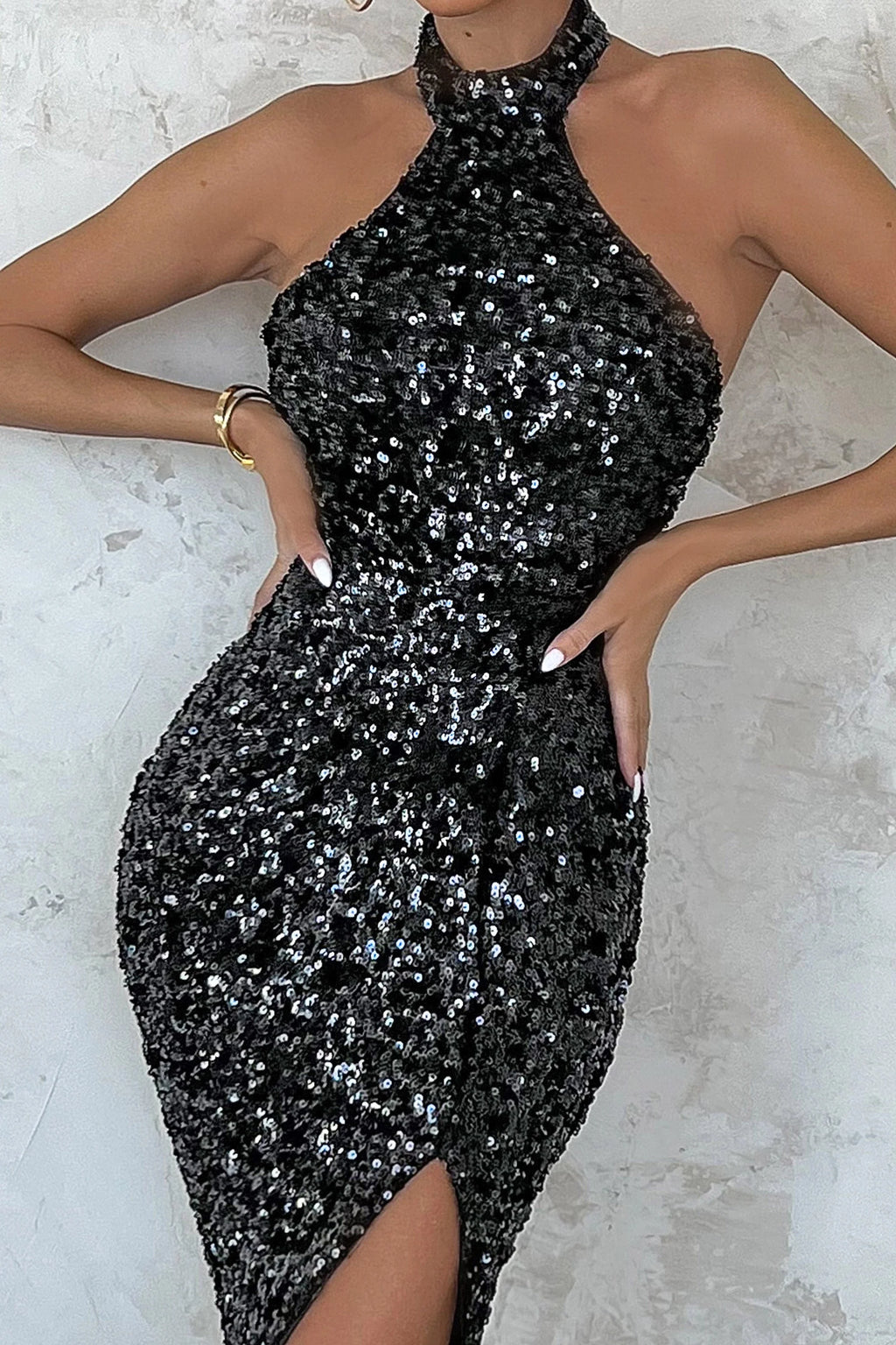 Forever Shining | Black Sequin Halter Neck Maxi Dress