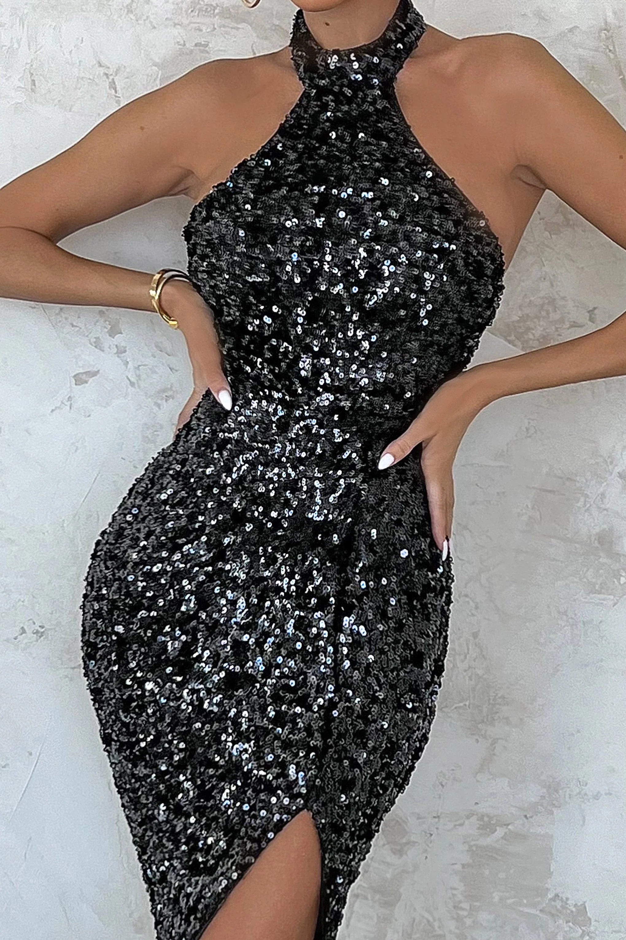 Forever Shining | Black Sequin Halter Neck Maxi Dress