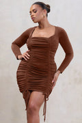Mirage | Plus Brown Long Sleeve Ruched Mini Dress