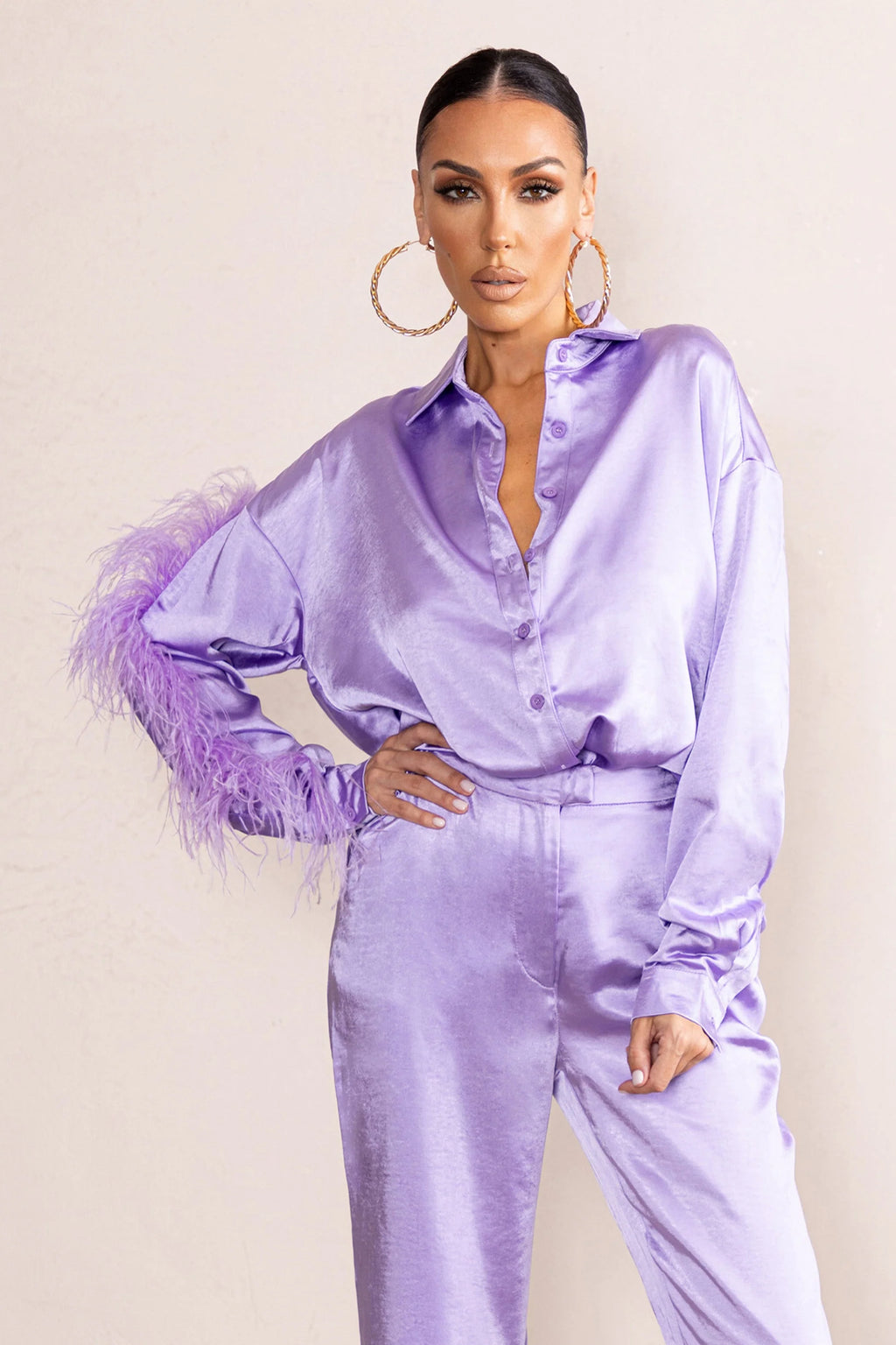 Catch My Eye | Lilac Feather Sleeve Satin Shirt