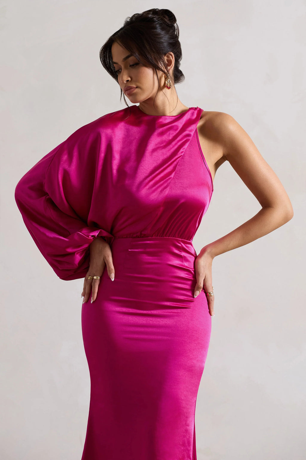 Nola | Dark Pink Satin One-Sleeve Midi Dress