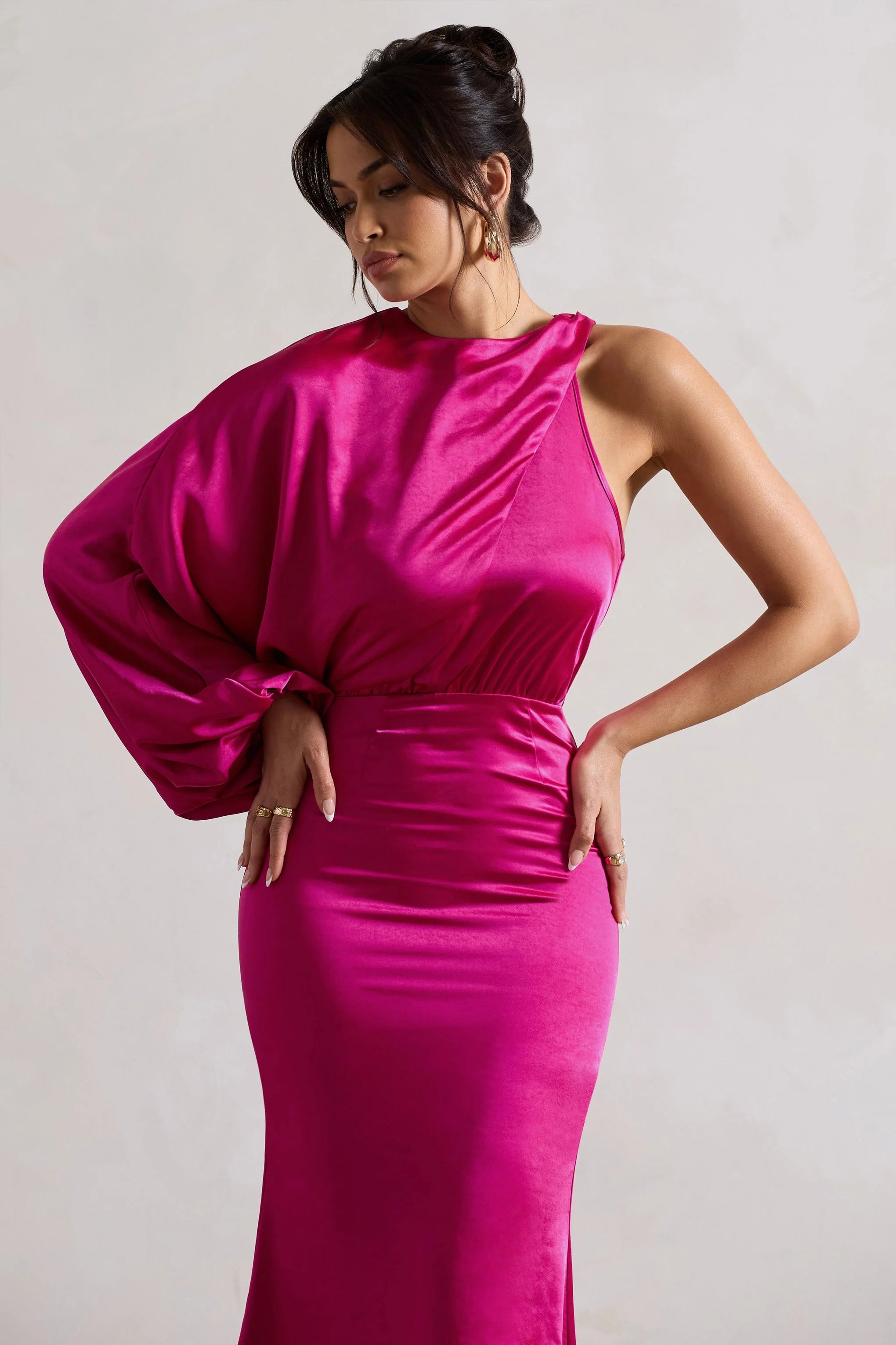 Nola | Dark Pink Satin One-Sleeve Midi Dress