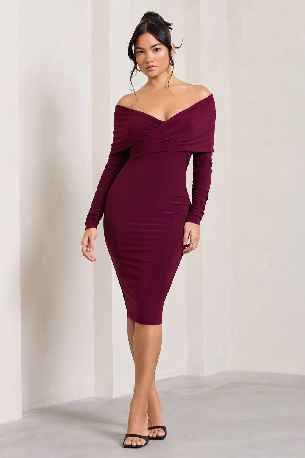 Flatter Me | Burgundy Twist Front Bardot Midi Dress