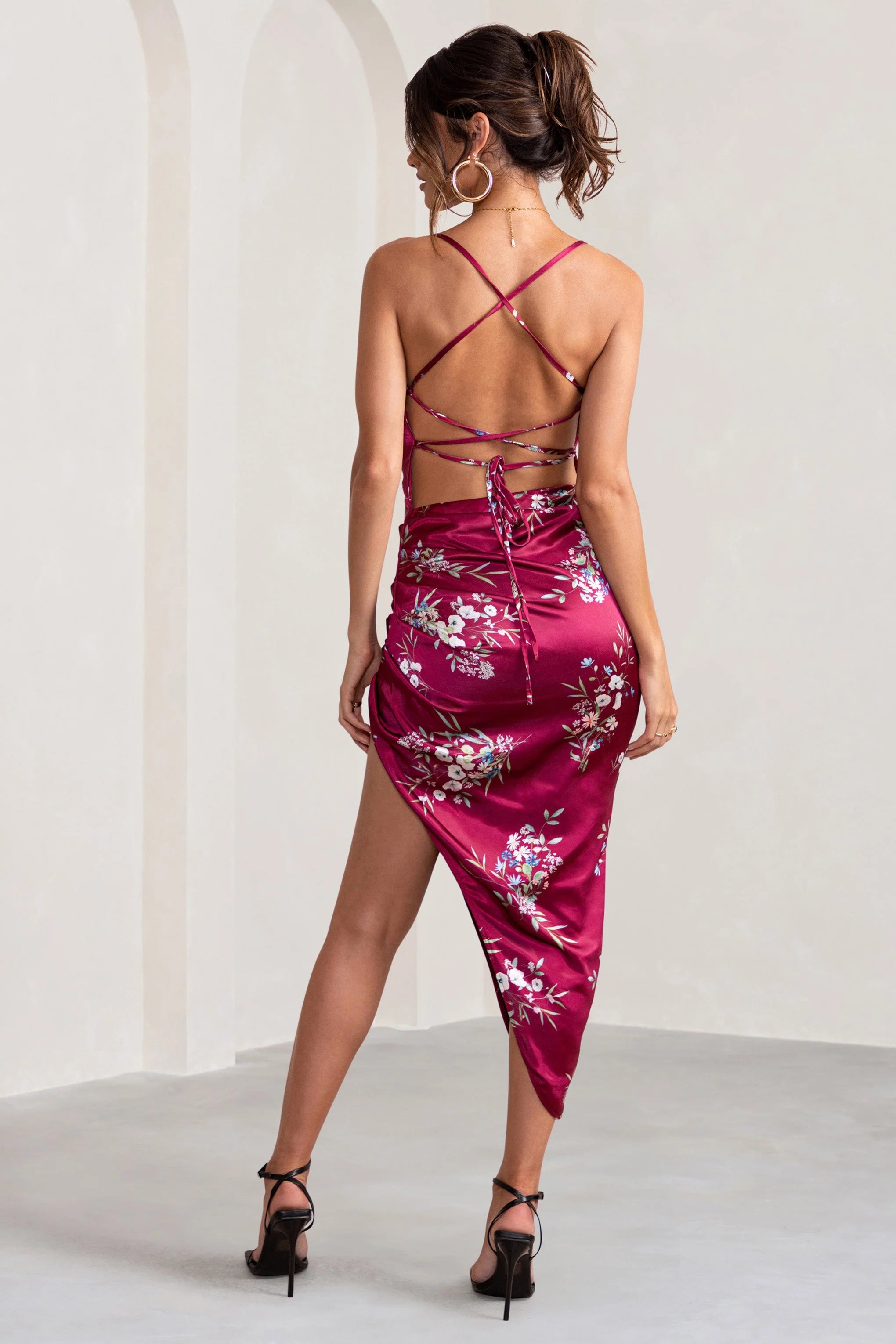 Risk It All | Berry Floral Print Cami Cowl Neck Satin Asymmetric Hem Midi Dress