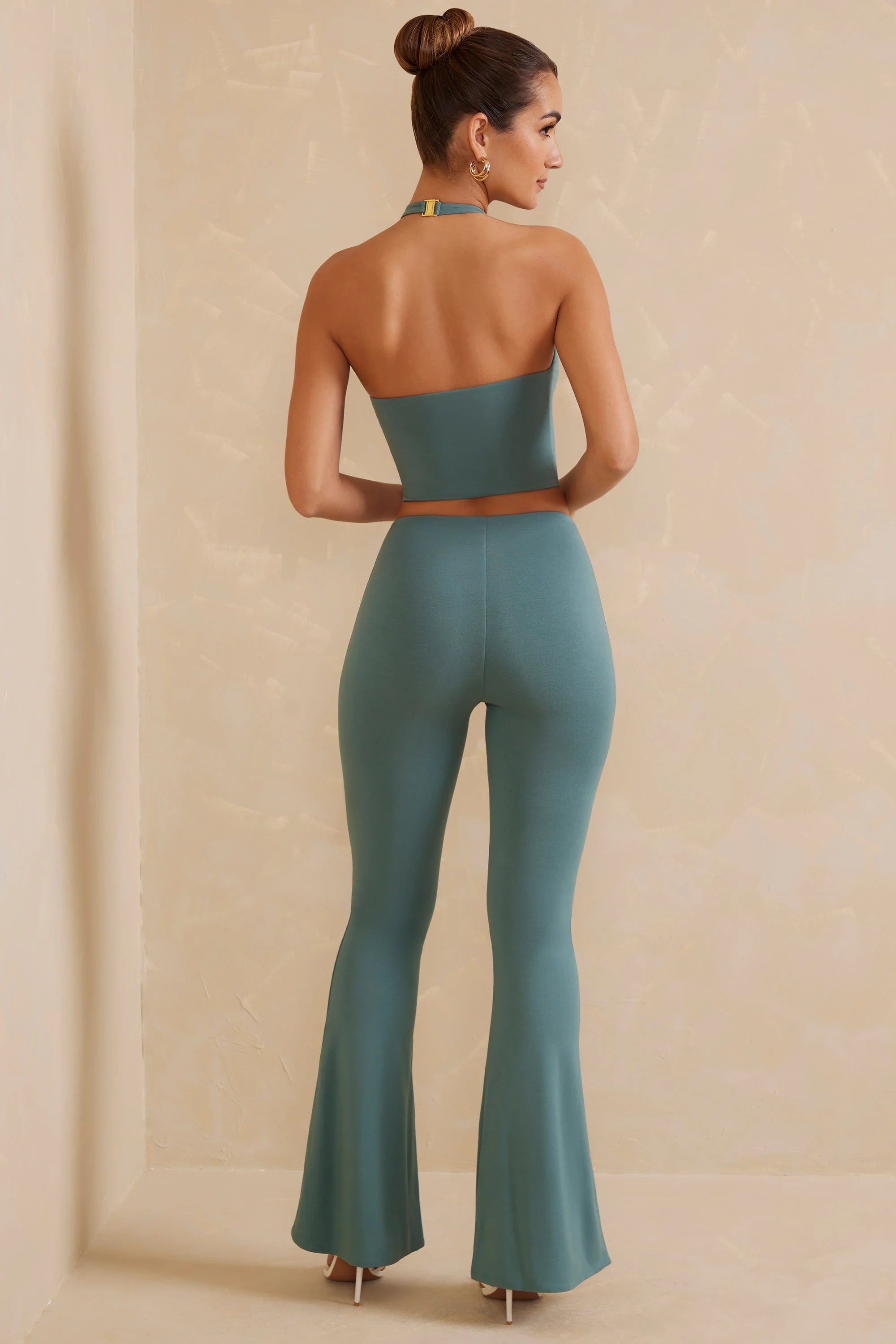 Tall High Waist Flare Trousers in Teal