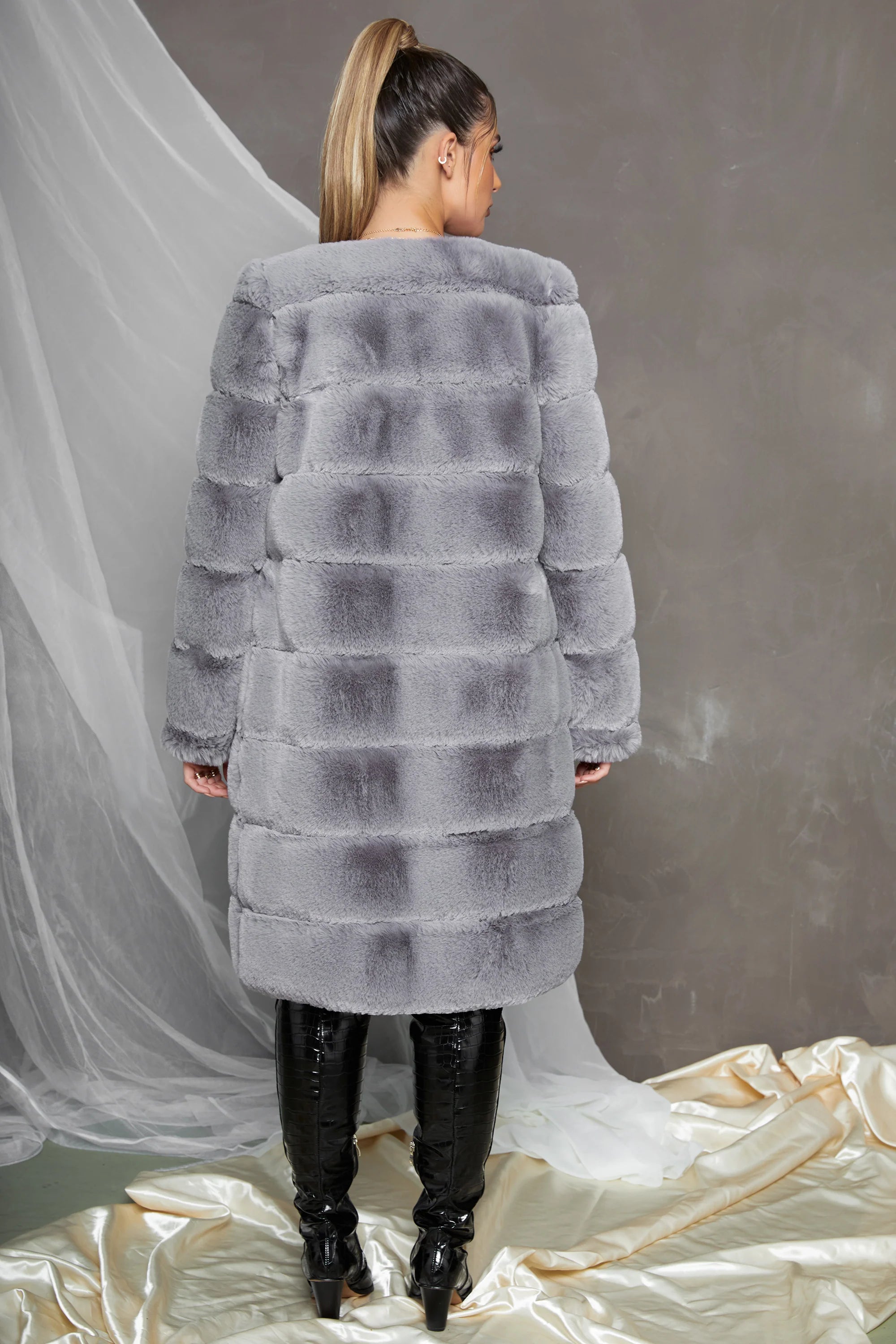Executive Longline Panel Faux Fur Coat in Grey