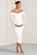 Neva | White Bardot Twist Maternity Midi Dress