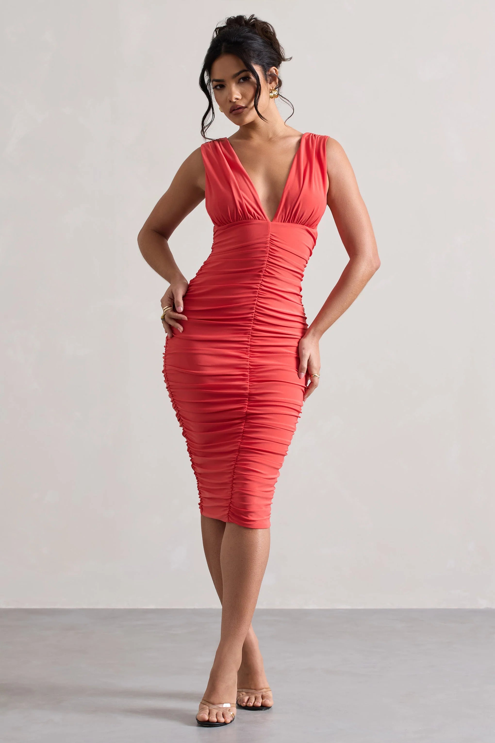 Attract | Coral Ruched Plunge-Neck Midi Dress
