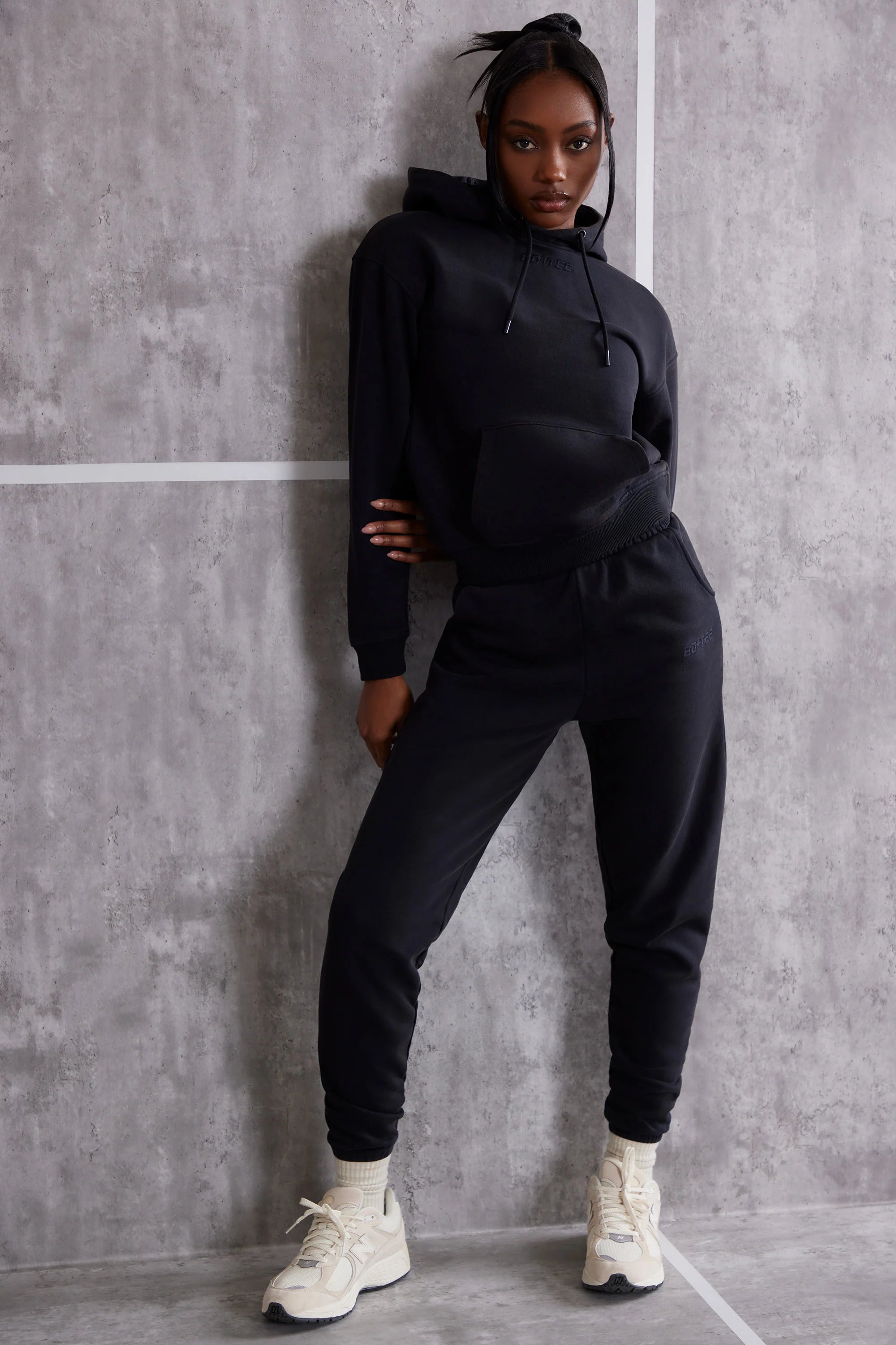 Petite High Waist Cuffed Joggers in Jet Black