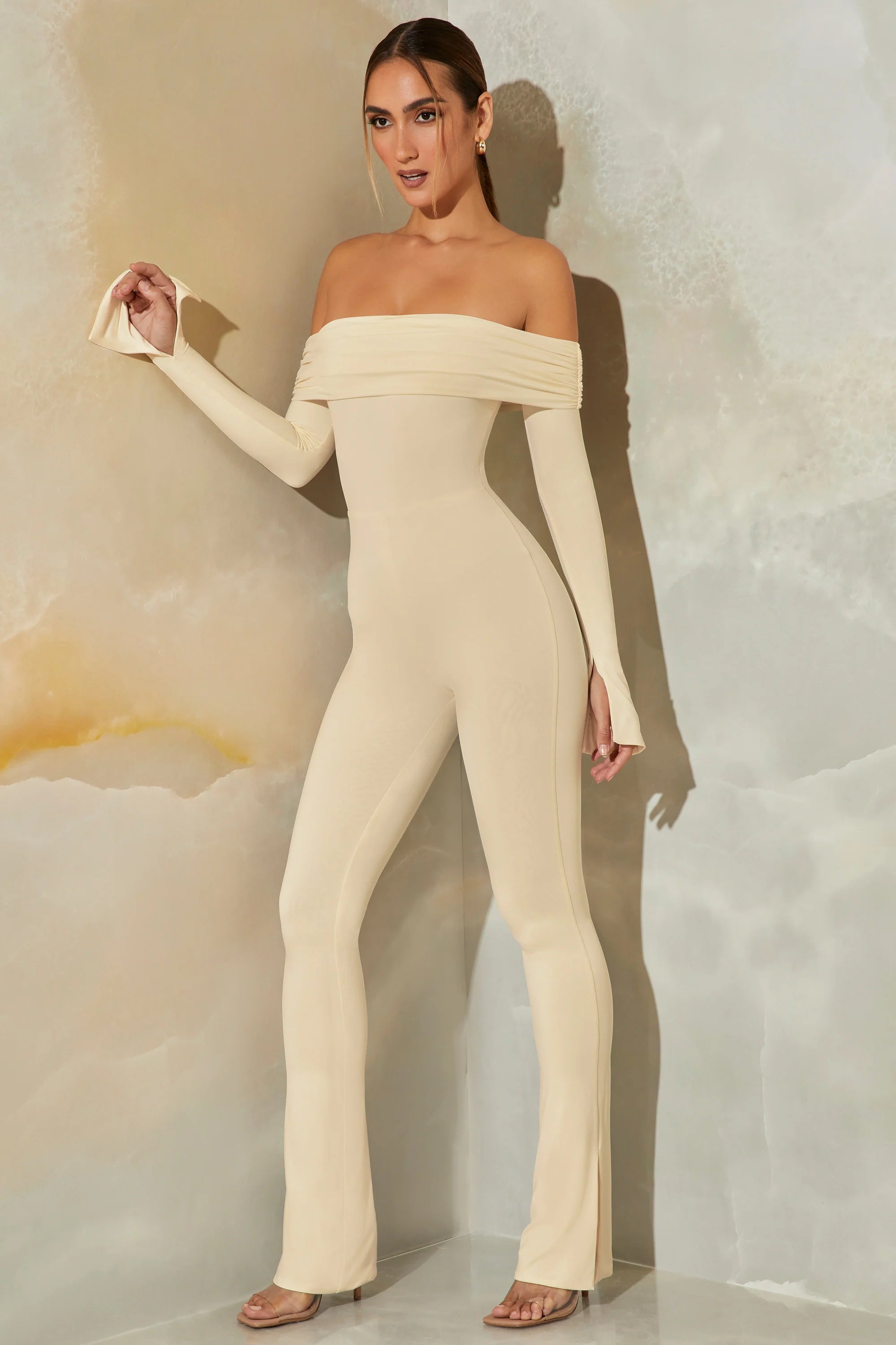 Petite Long Sleeve Open Back Jumpsuit in Stone