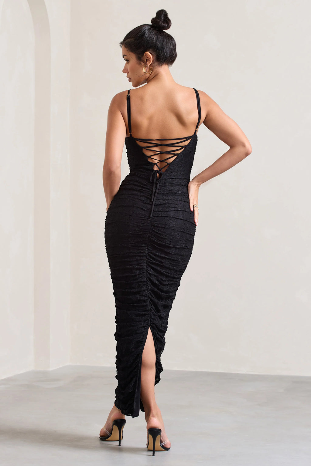 Ellis | Black Lace Strappy Bodycon Maxi Dress