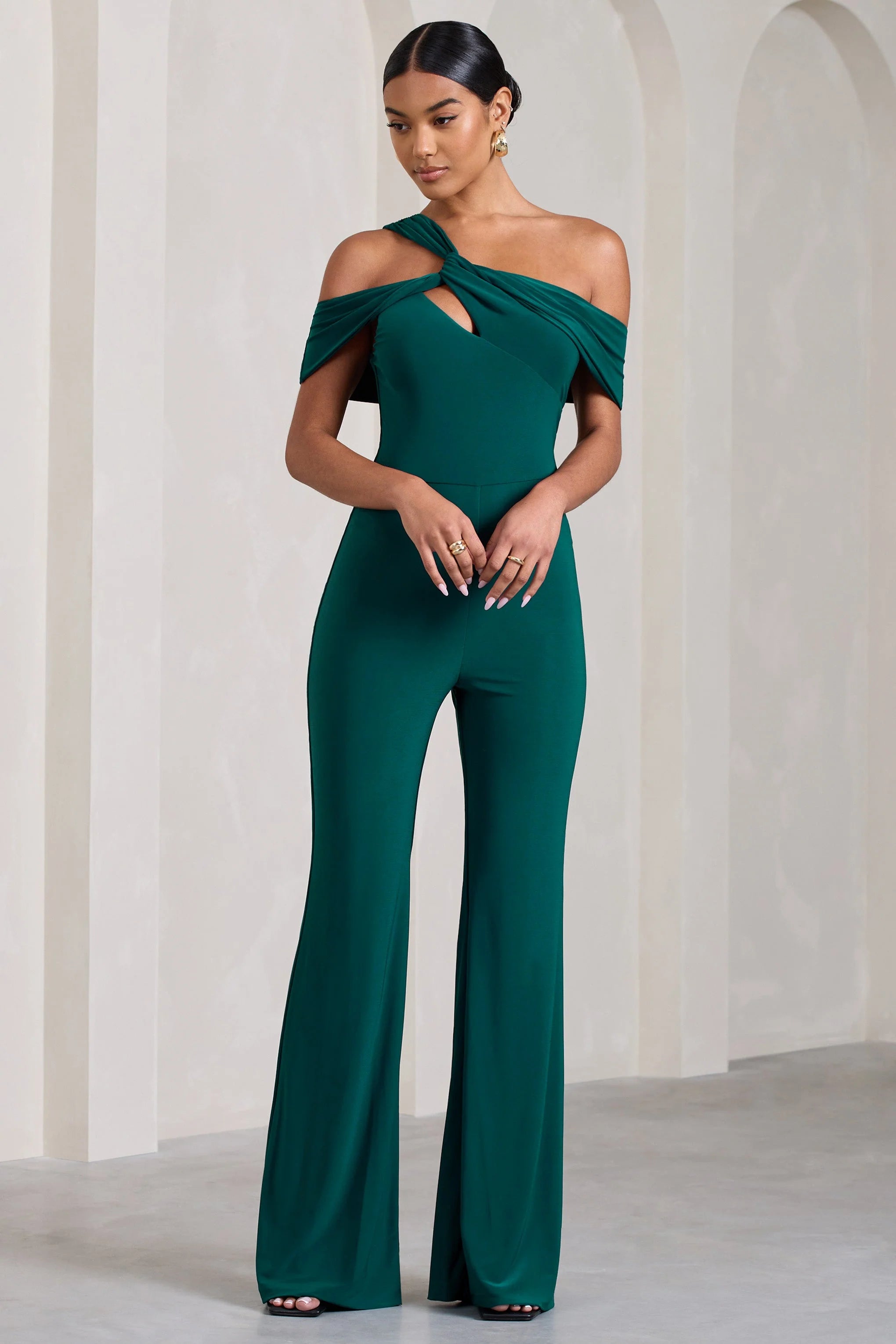 Striking | Bottle Green Strappy Asymmetric Flared-Leg Jumpsuit