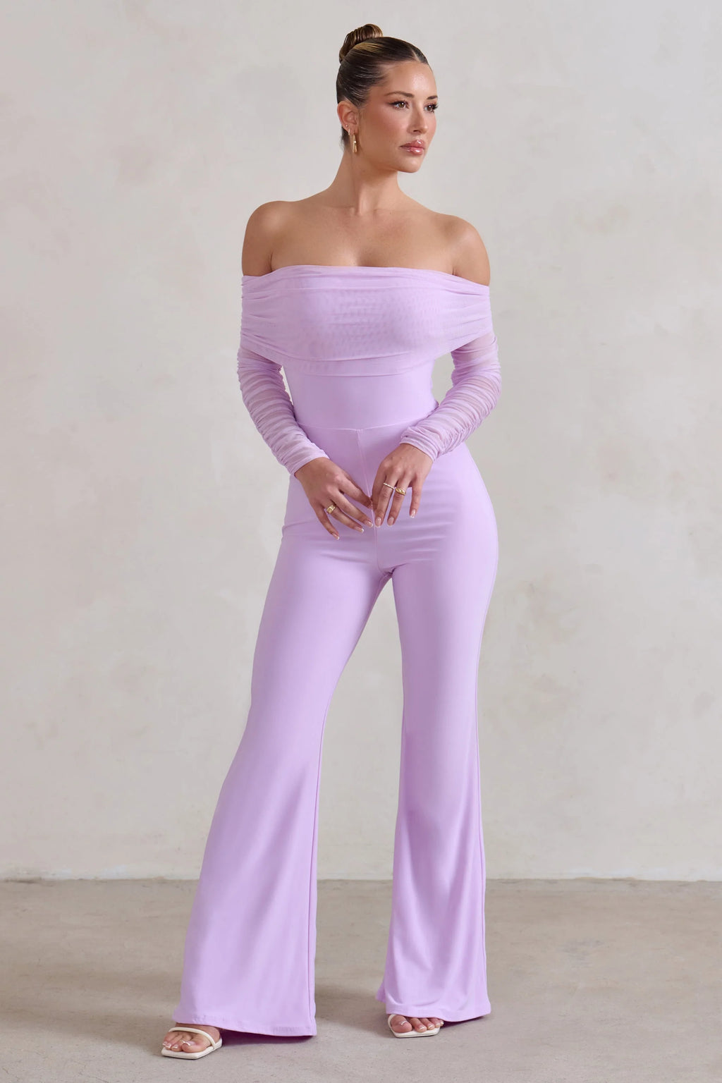 Whisper | Lilac Ruched Mesh Bardot Jumpsuit
