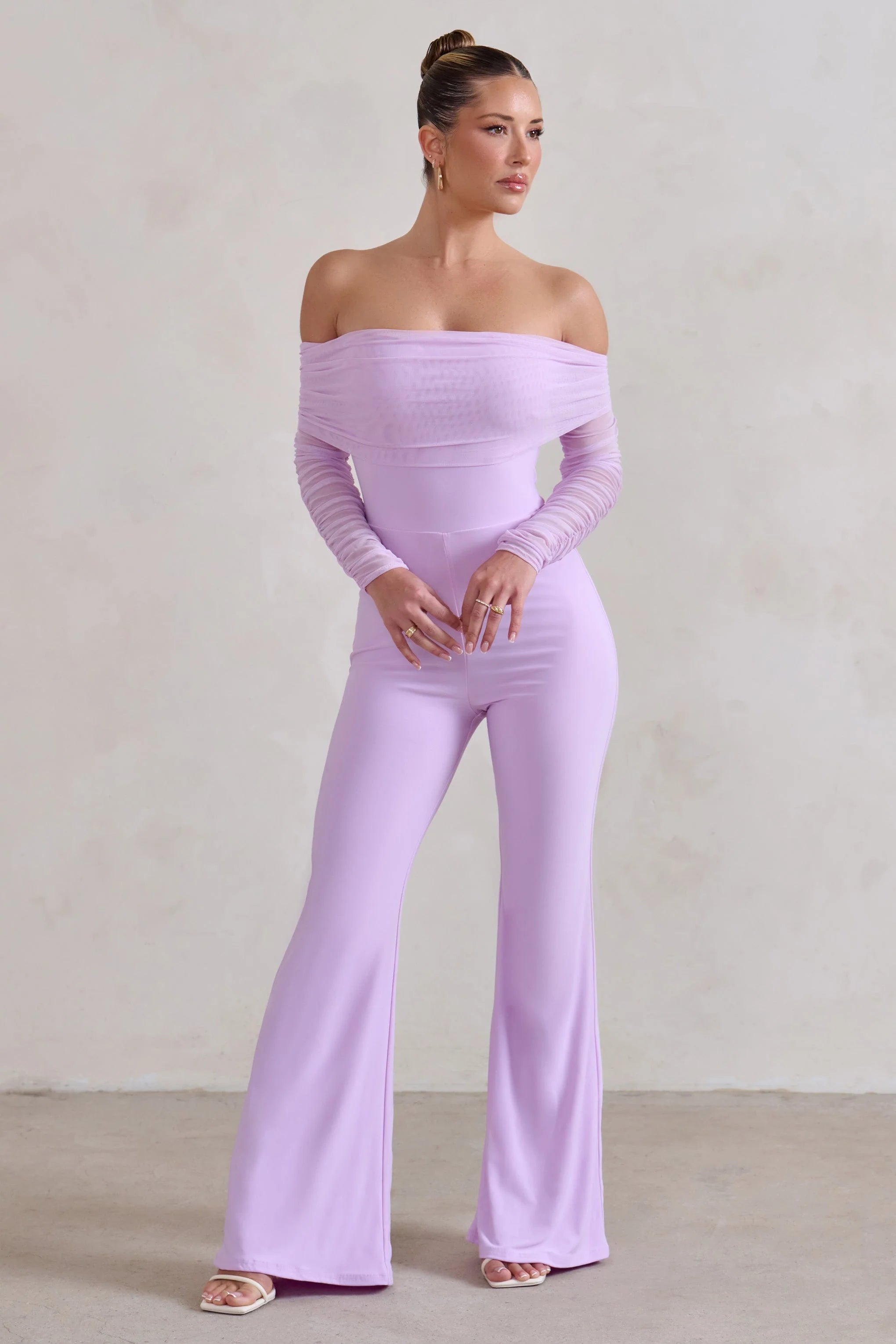 Whisper | Lilac Ruched Mesh Bardot Jumpsuit