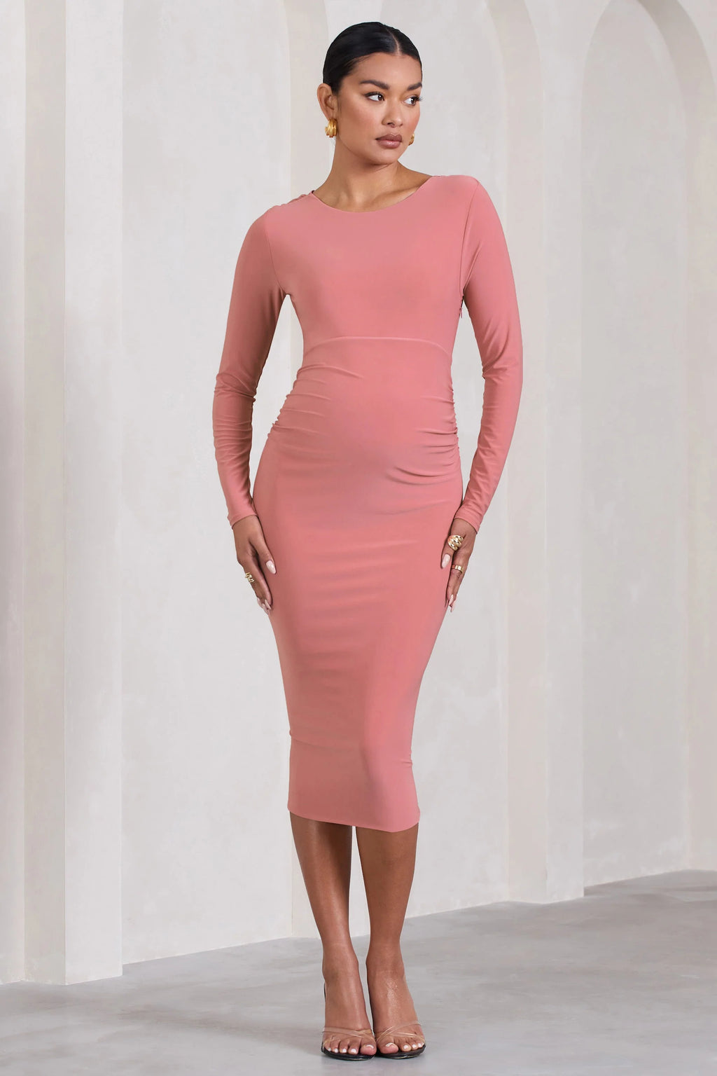 Embrace | Blush Pink Long-Sleeved Maternity Midi Dress