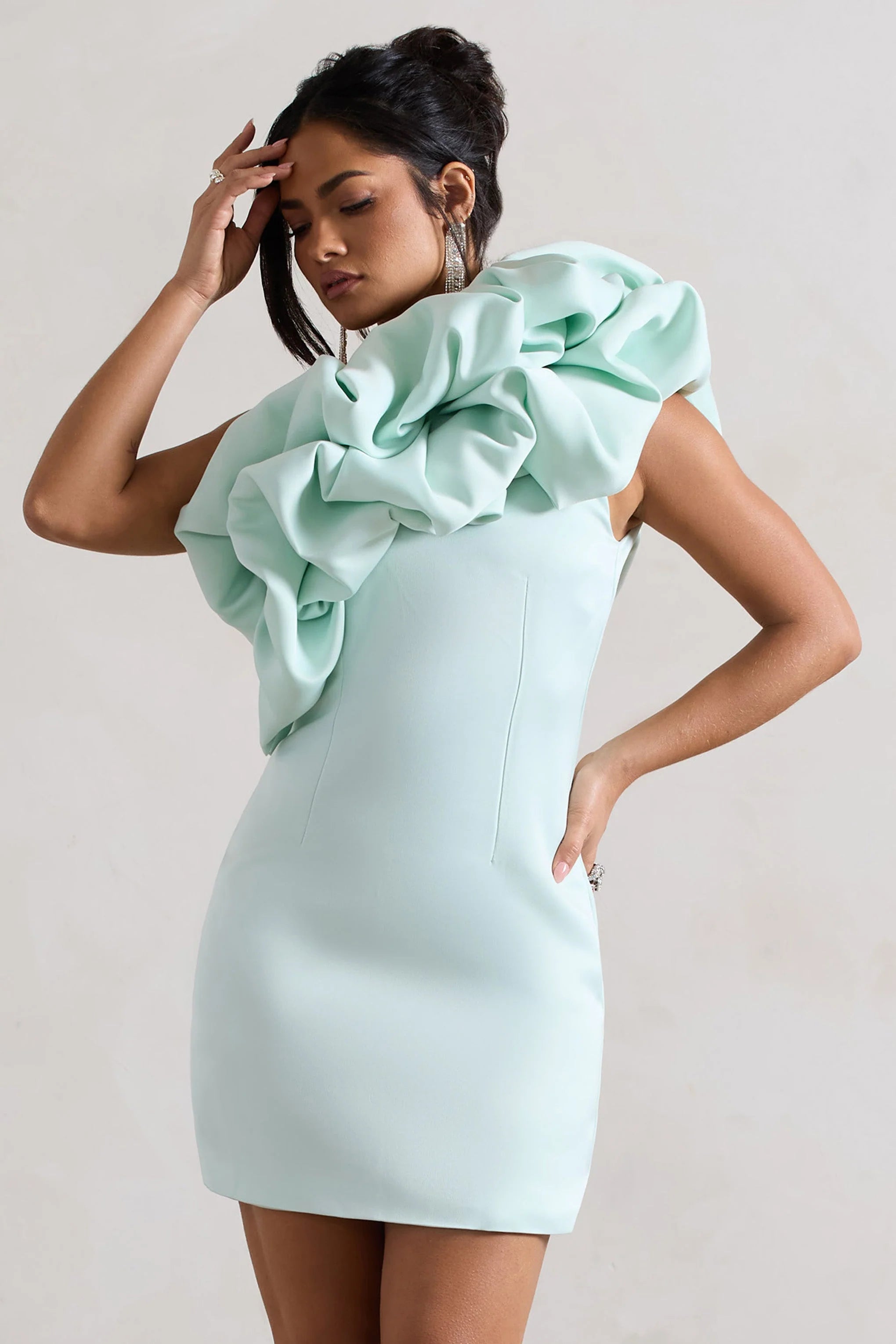 At The Opera | Mint Satin Asymmetric Ruffled Mini Dress