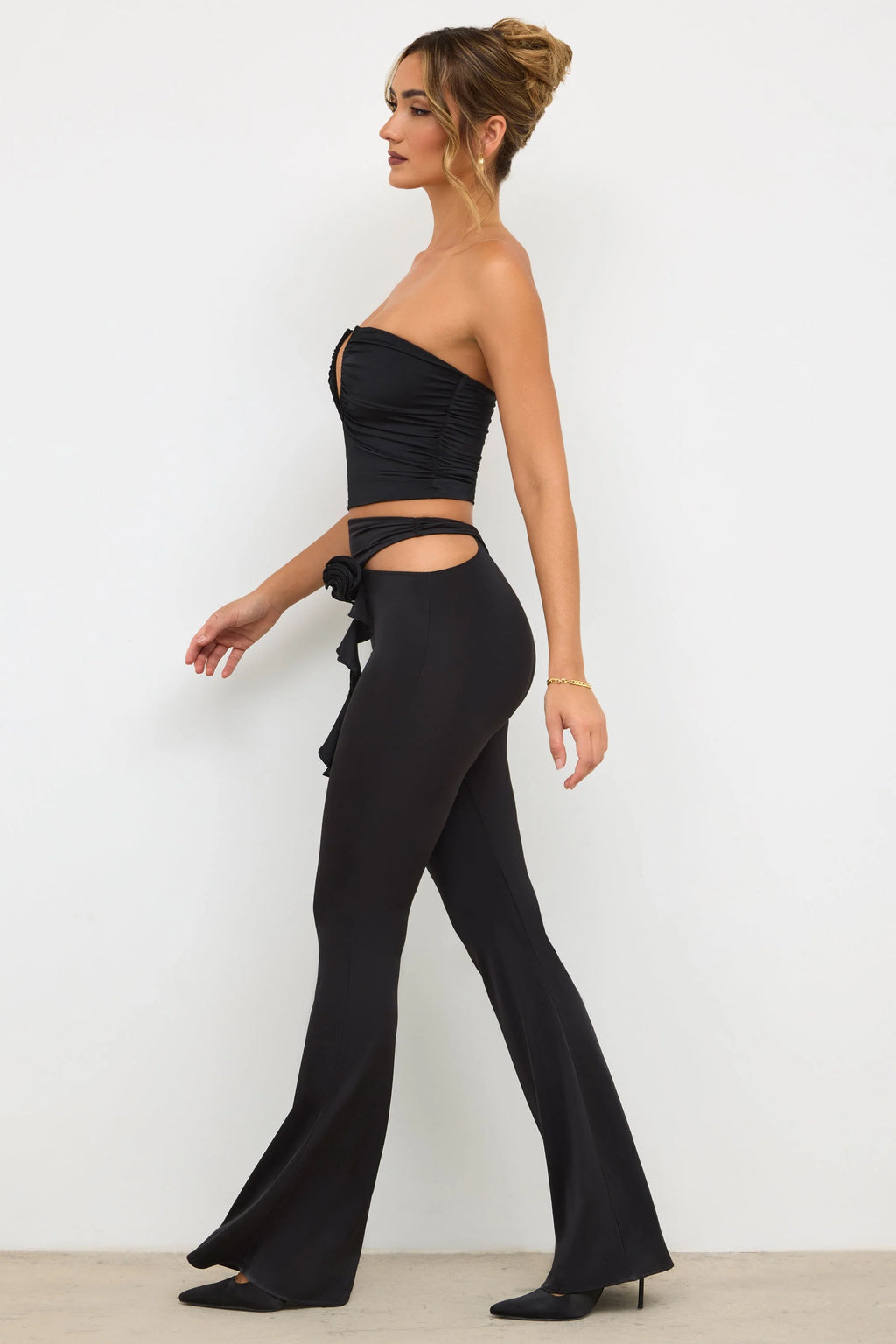 Premium Jersey Rose Detail Mid-Rise Flare Trousers in Black