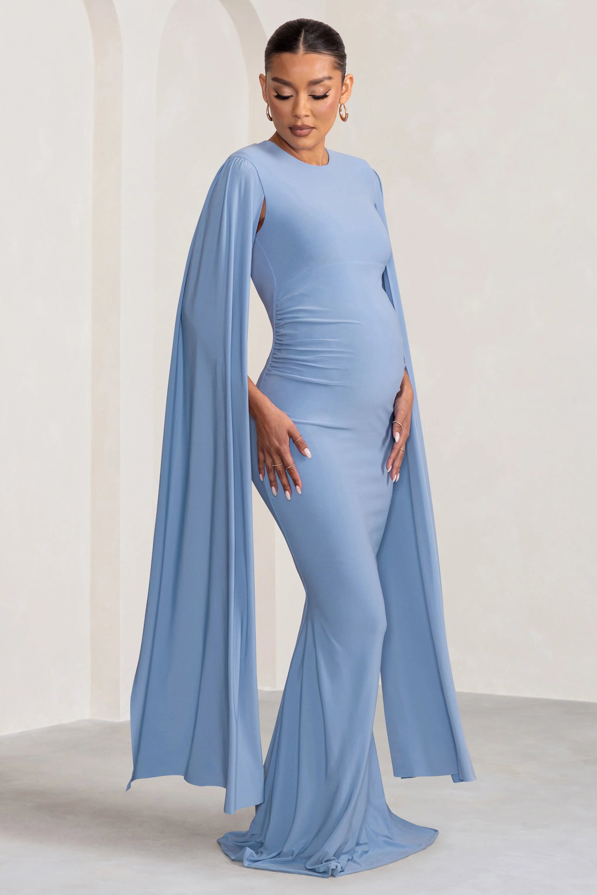 Briony | Powder Blue Maternity Maxi Dress with Cape Sleeves