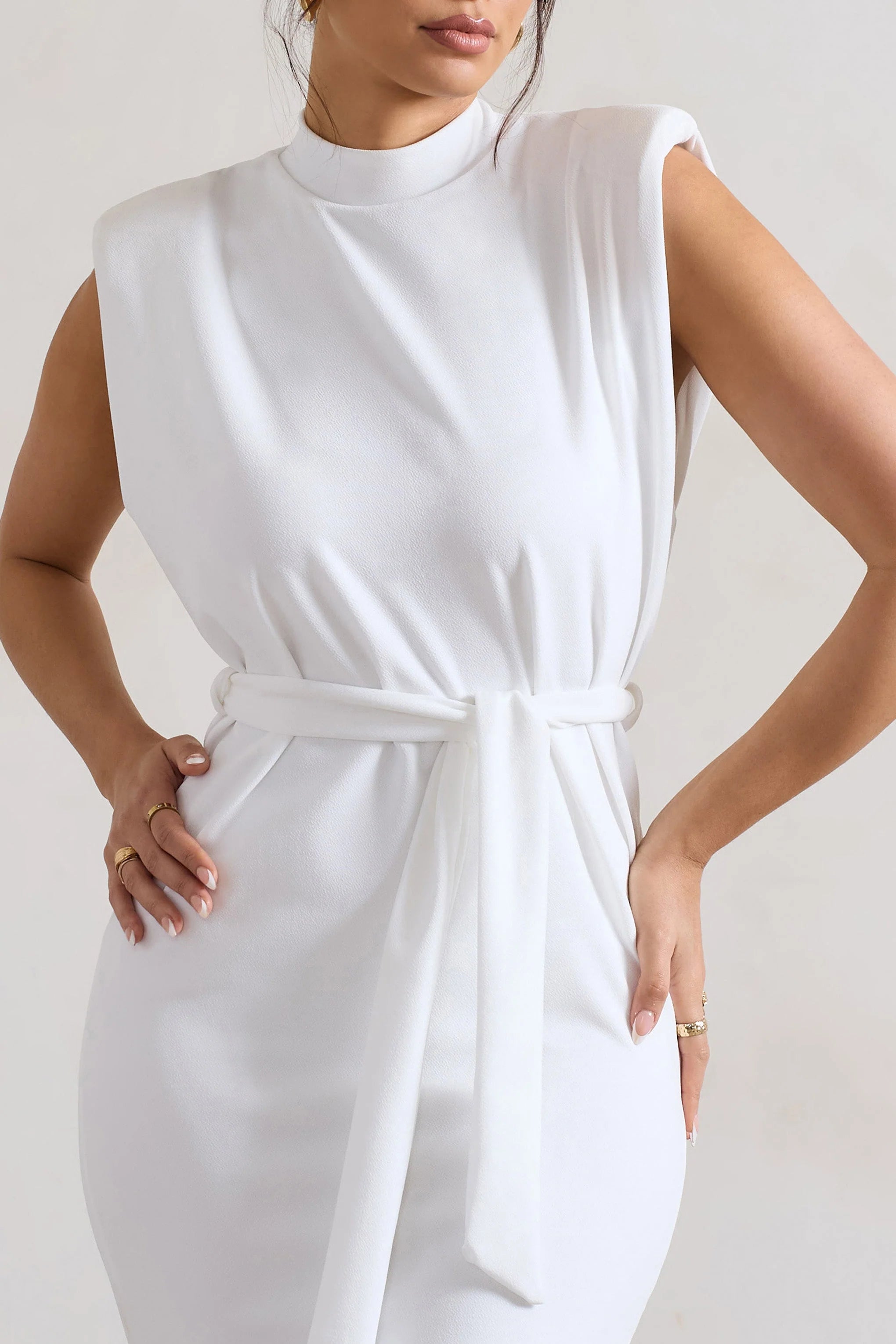 Abbie | Ecru High-Neck Maxi Dress With Tie Waist