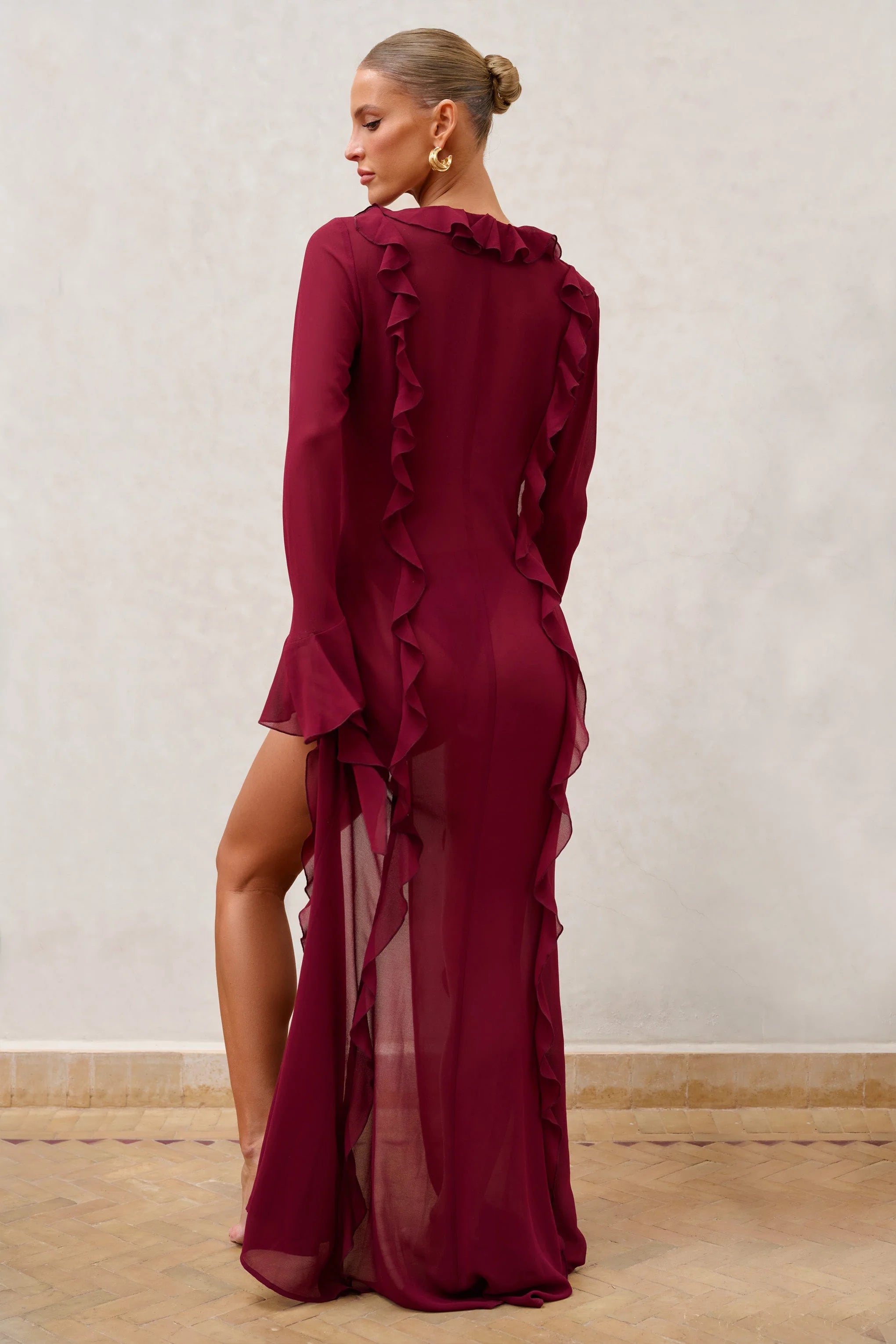 Cascades | Burgundy Long Sleeve Maxi Chiffon Ruffle Cover Up