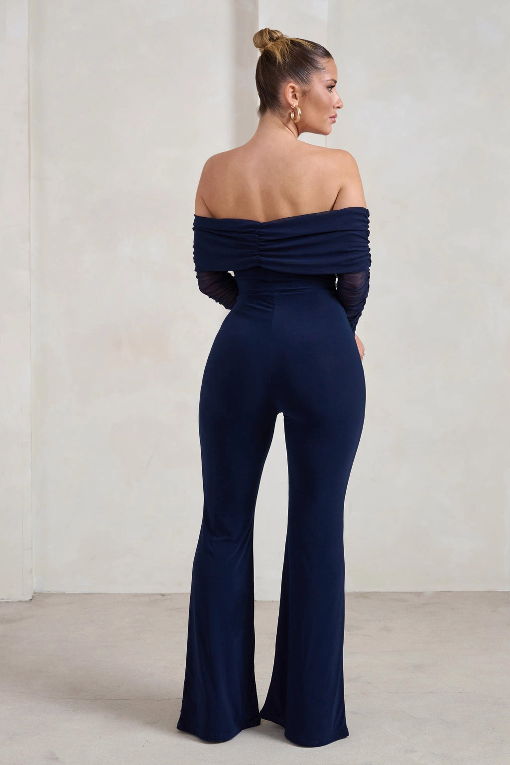 Whisper | Navy Ruched Mesh Bardot Jumpsuit