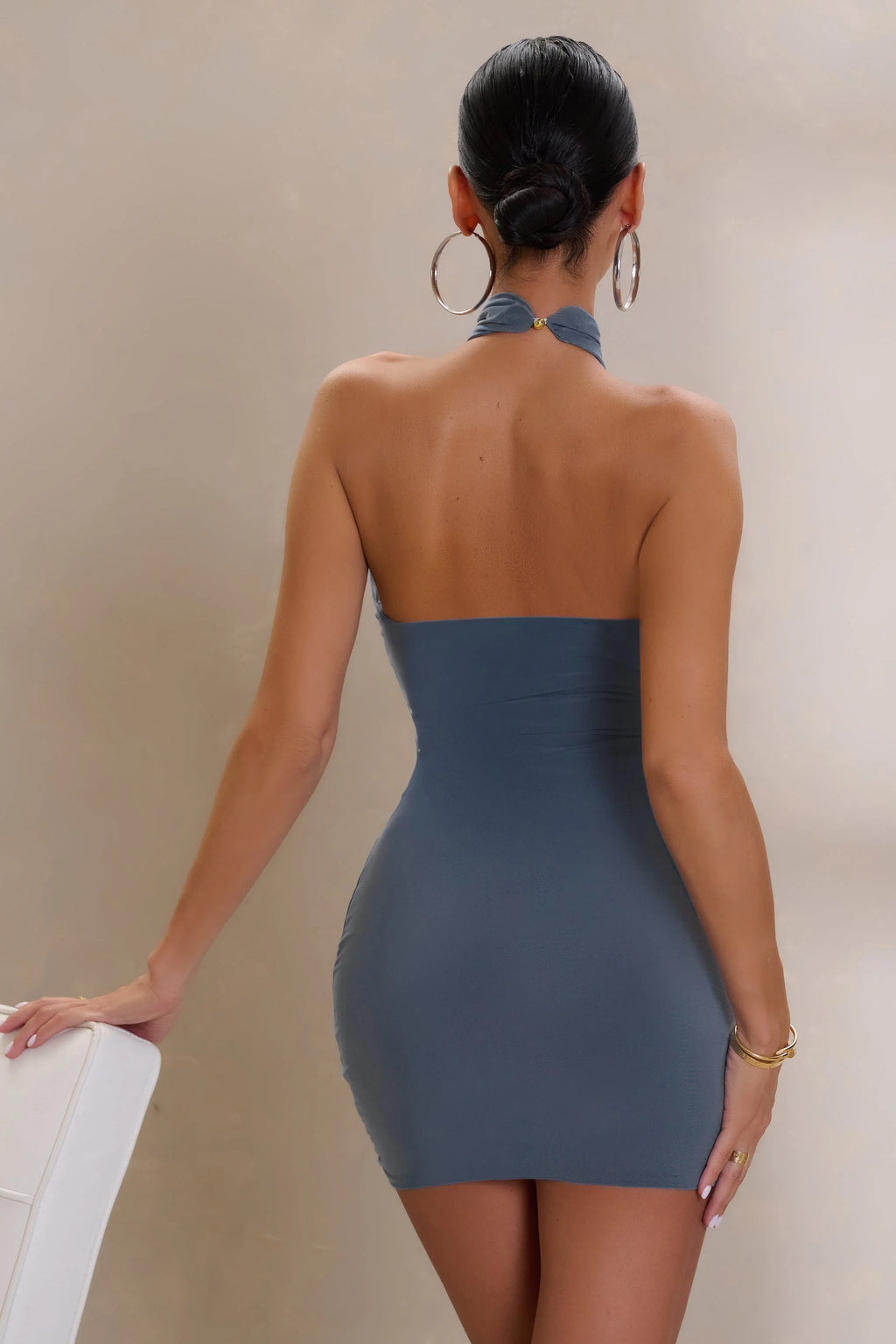 Any Time | Slate Blue Cut Out Halter Neck Mini Dress