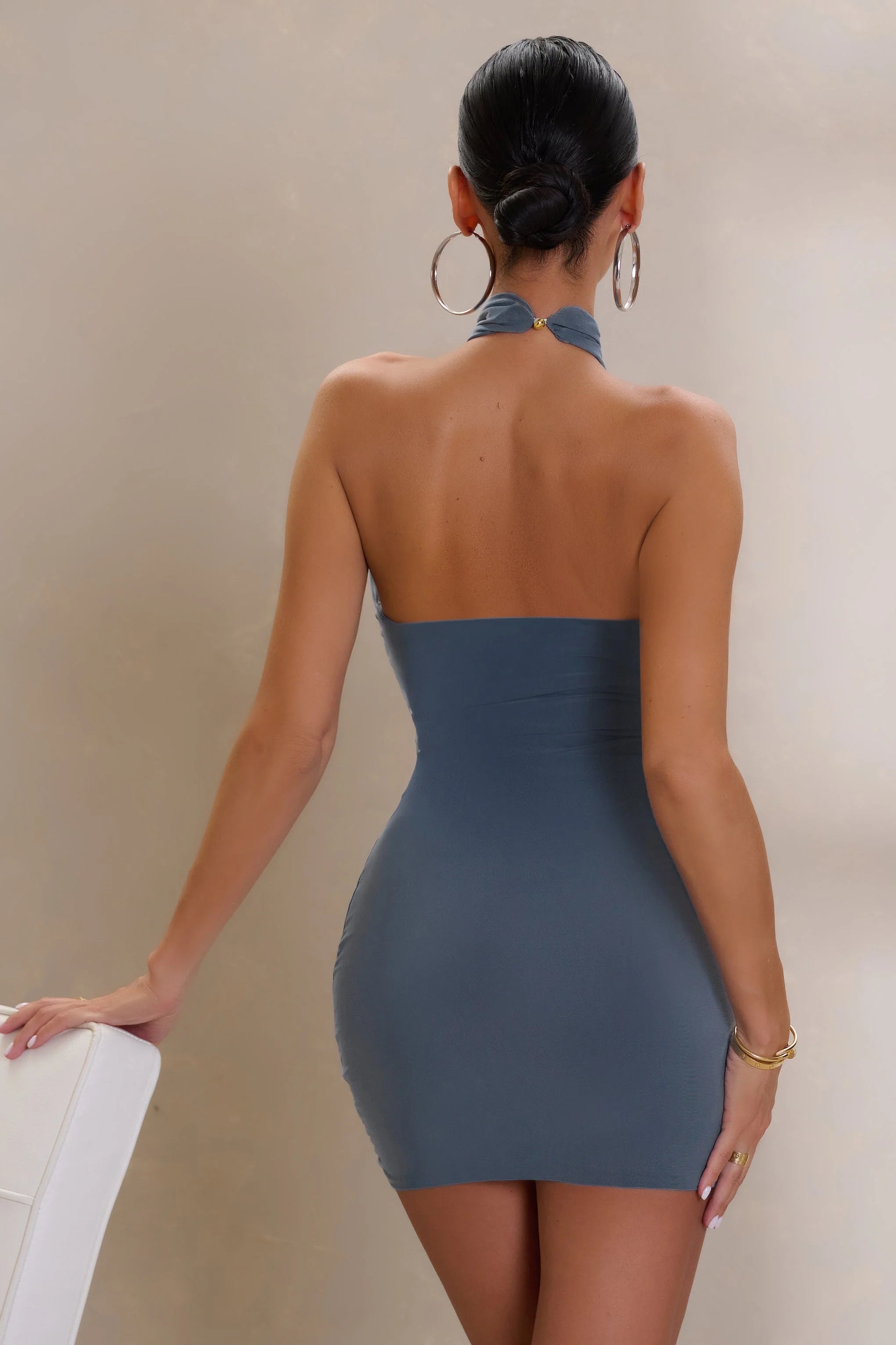 Any Time | Slate Blue Cut Out Halter Neck Mini Dress