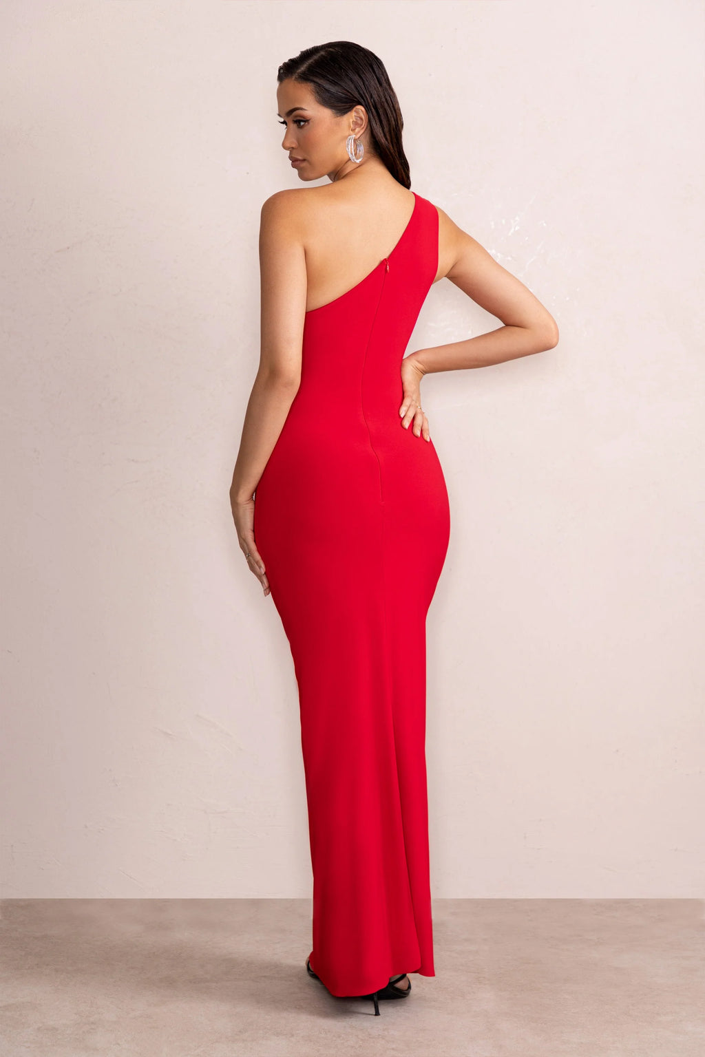 Ethereal | Red One Shoulder Ruched Split Maxi Dress