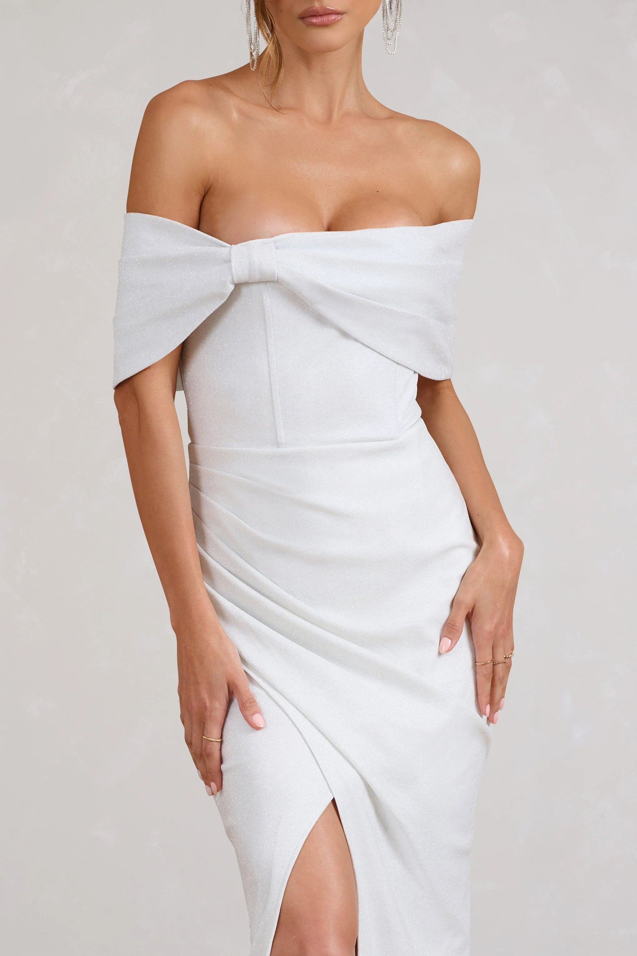 Eva | White Glitter Bardot Wrap Maxi Dress