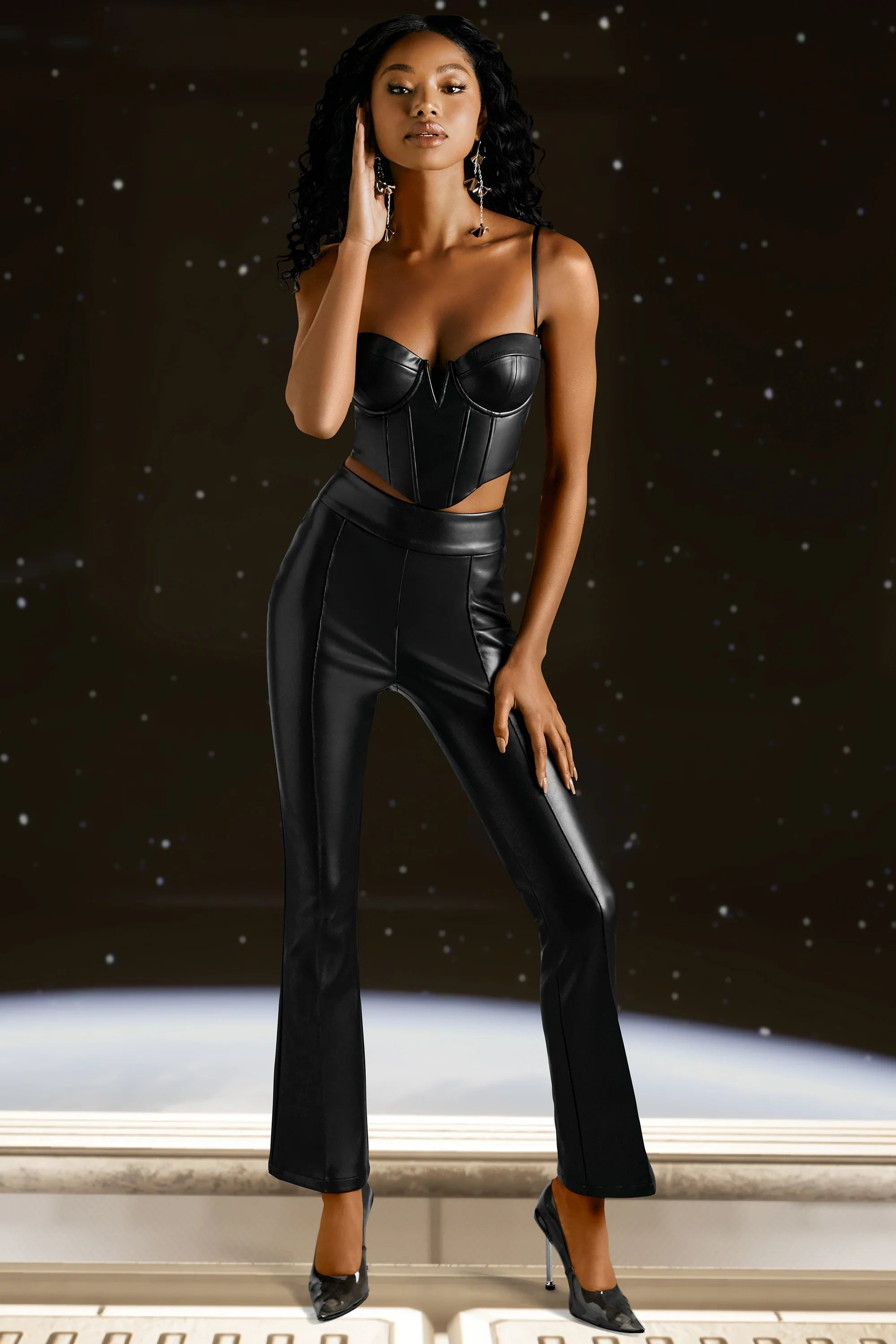 Petite Faux Leather Flare Trousers in Black