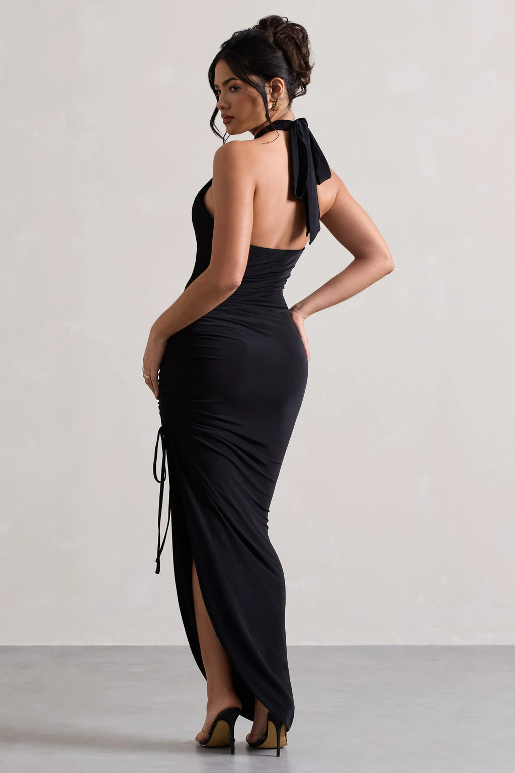 Jaiya | Black Ruched Halter-Neck Asymmetric Maxi