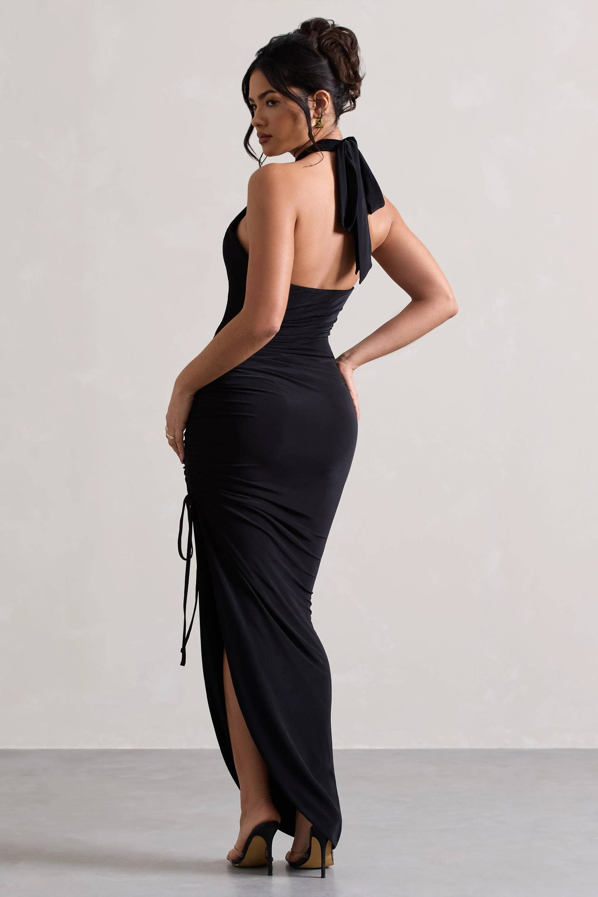 Jaiya | Black Ruched Halter-Neck Asymmetric Maxi