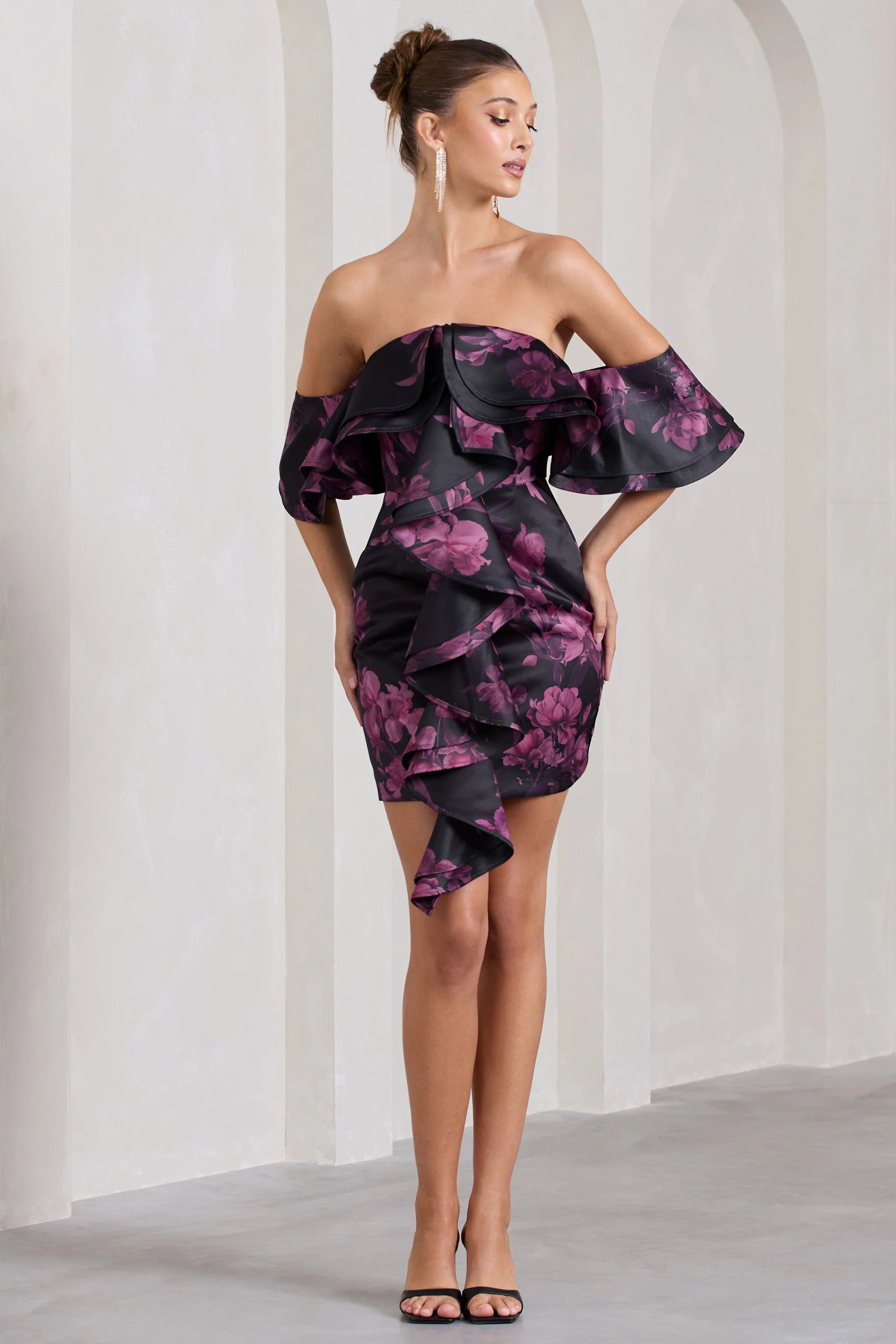 Aspen | Black Floral Print Bardot Mini Dress With Ruffles