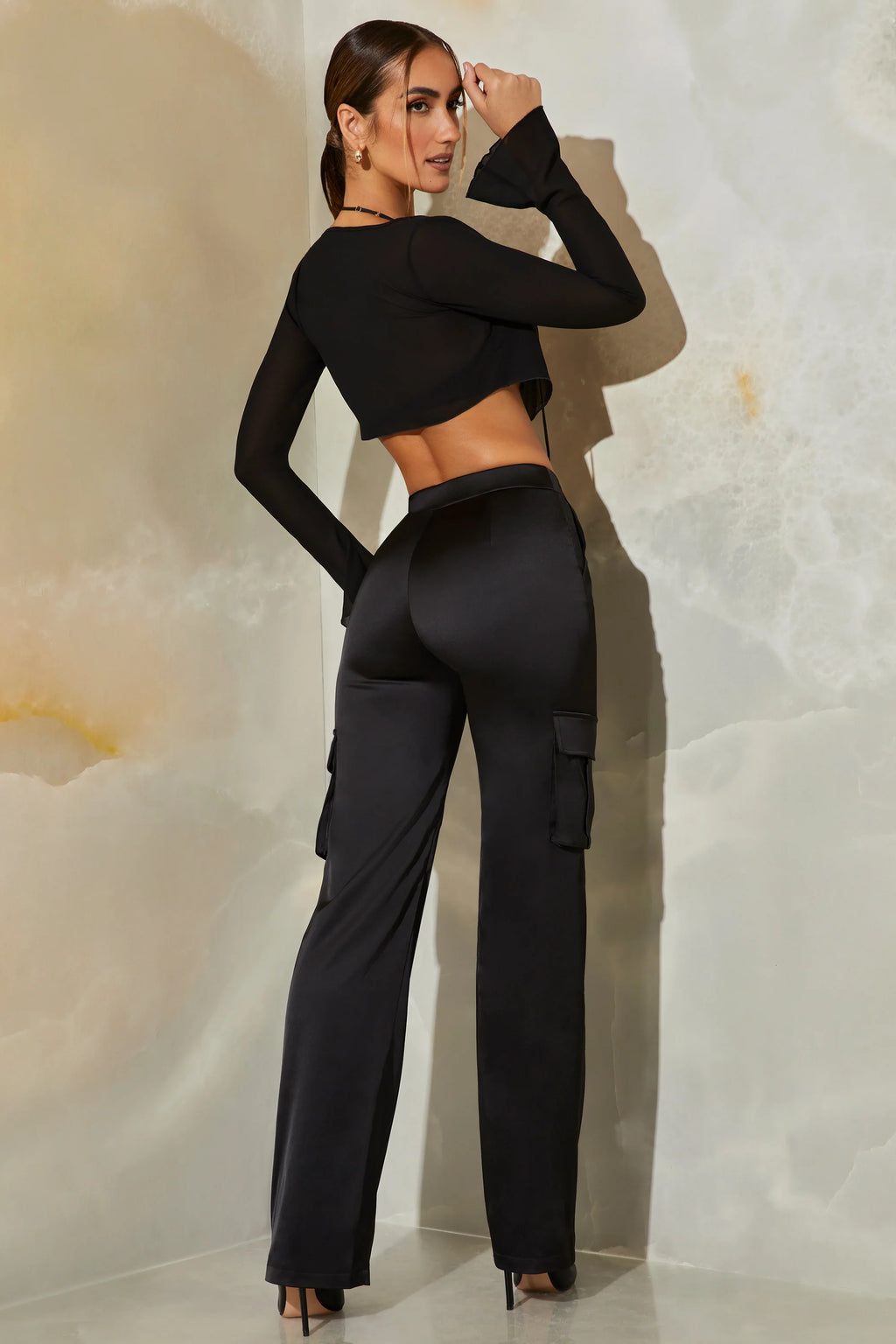 Tall Satin Straight Leg Cargo Trousers in Black