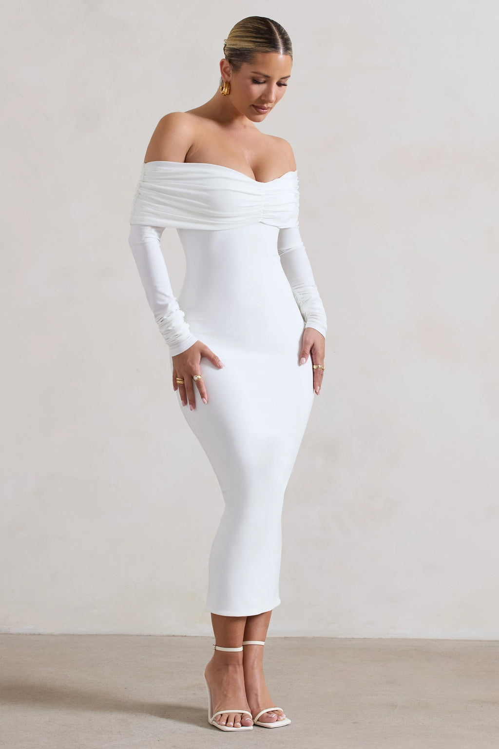Marcella | White Bodycon Bardot Midi Dress