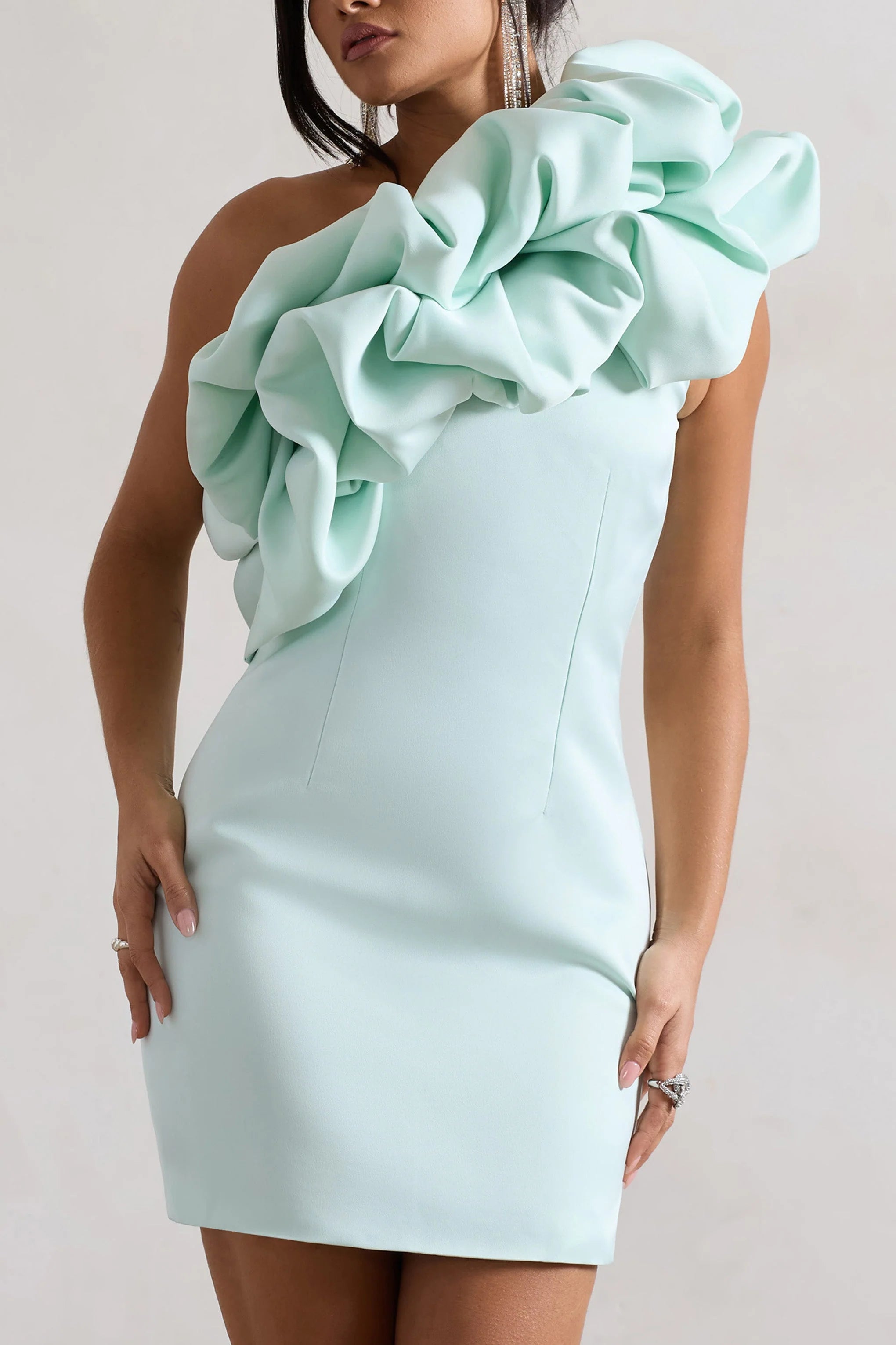 At The Opera | Mint Satin Asymmetric Ruffled Mini Dress