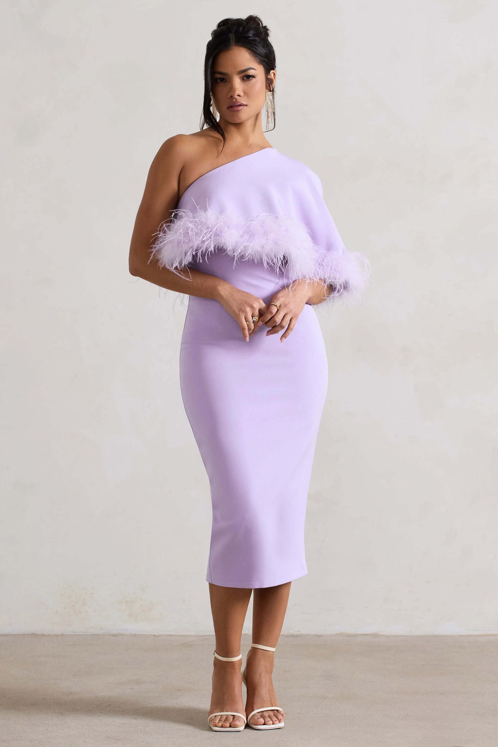 Victory | Lilac Asymmetric Midi Dress With Feather Trim