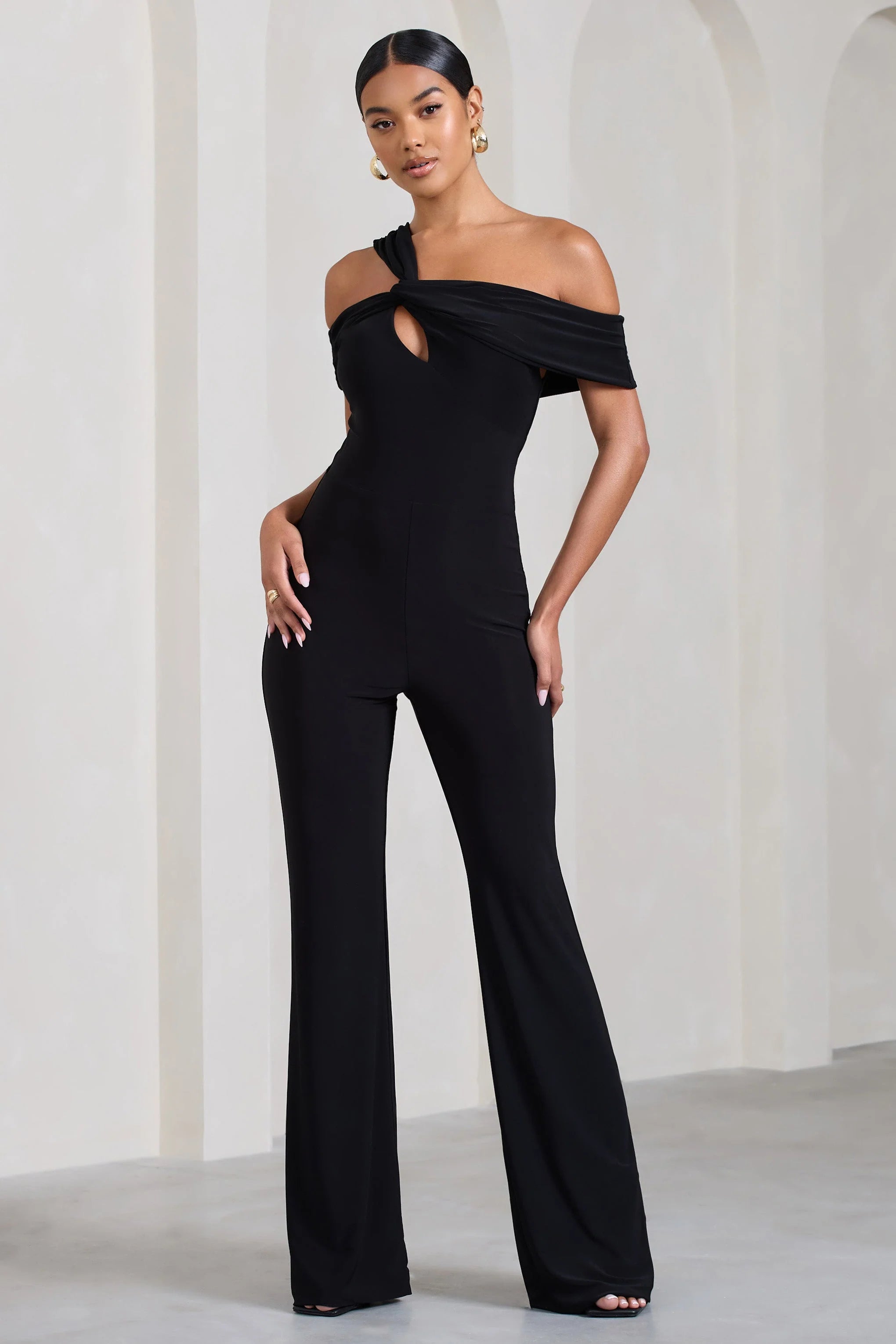 Striking | Black Strappy Asymmetric Flared-Leg Jumpsuit