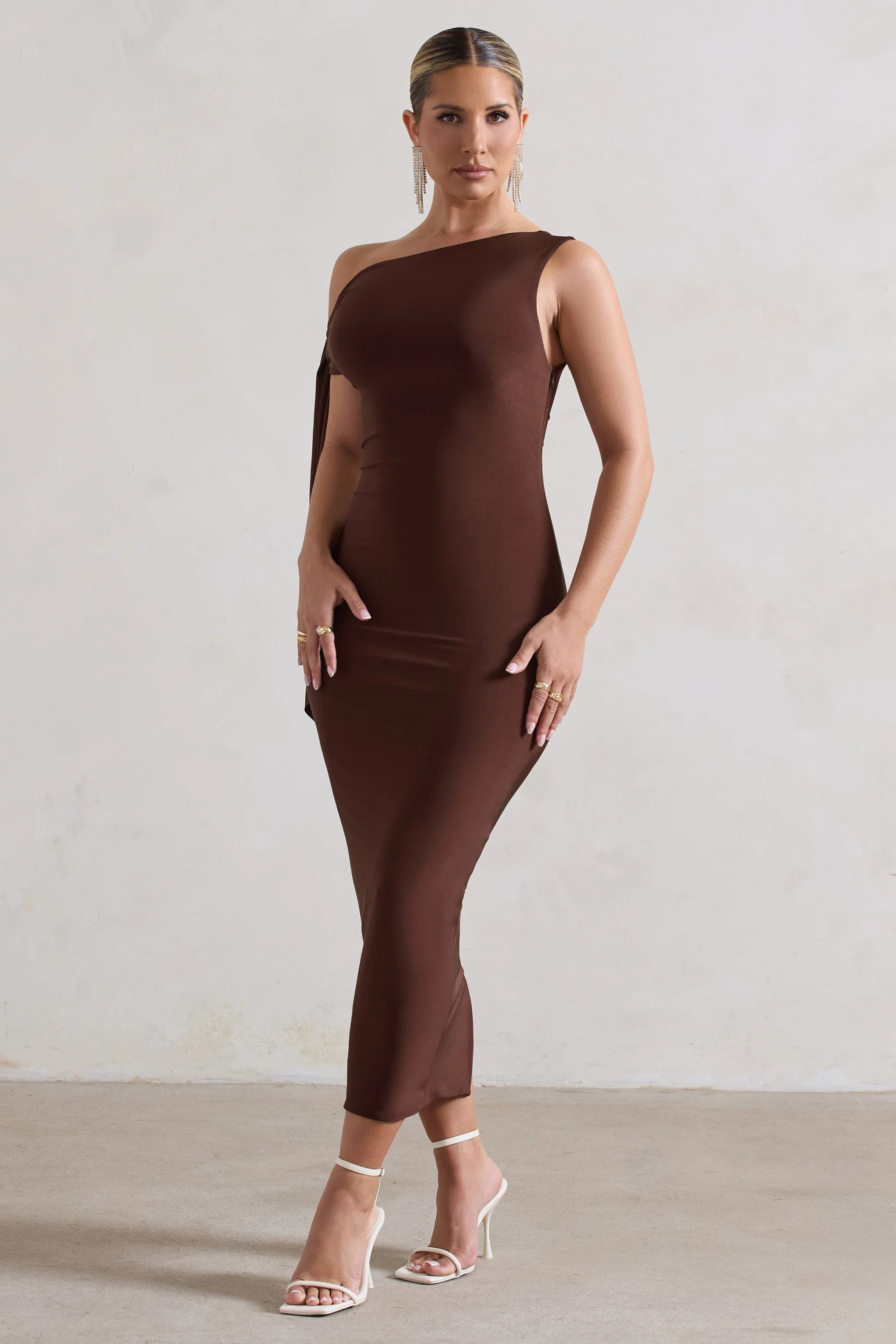 Adapt | Chocolate Brown Asymmetric Midi Dress With Tie Sleeve