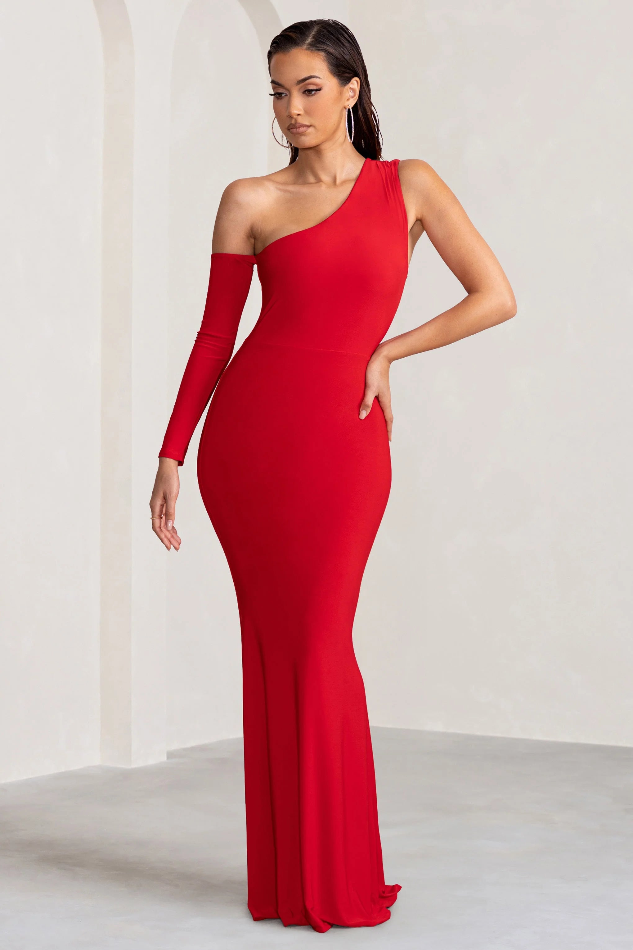 Baylor | Red One Shoulder Draped Skirt Maxi Dress