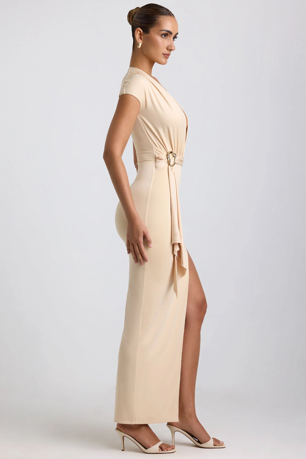 Slinky Jersey Plunge Hardware Detail Maxi Dress in Buttercream