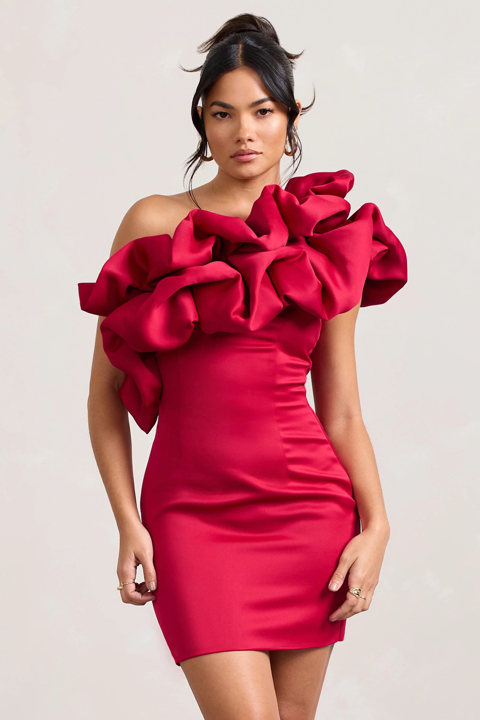 At The Opera | Red Satin Asymmetric Ruffled Mini Dress