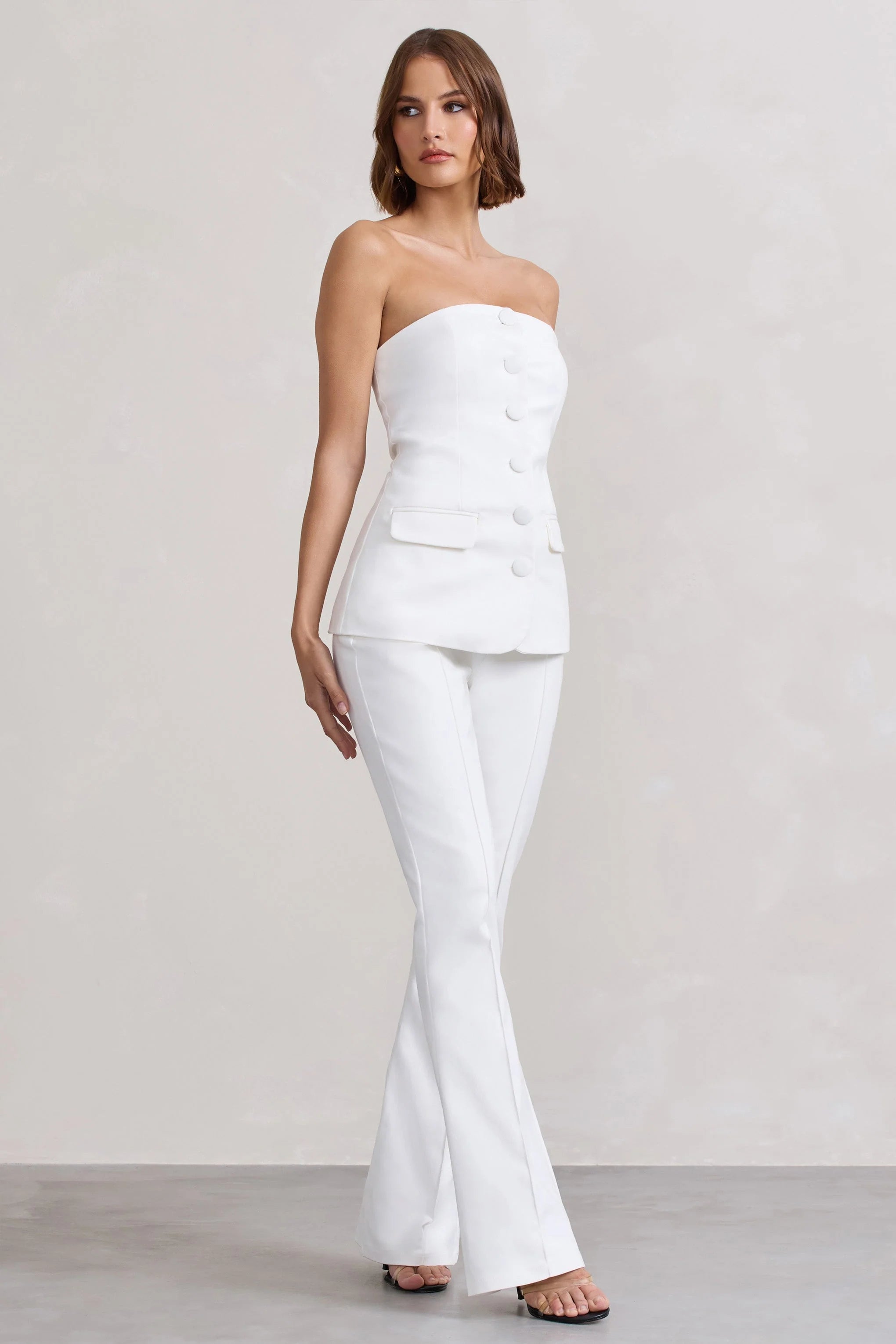 Kehlani | White High Waist Flared Tailored Trousers