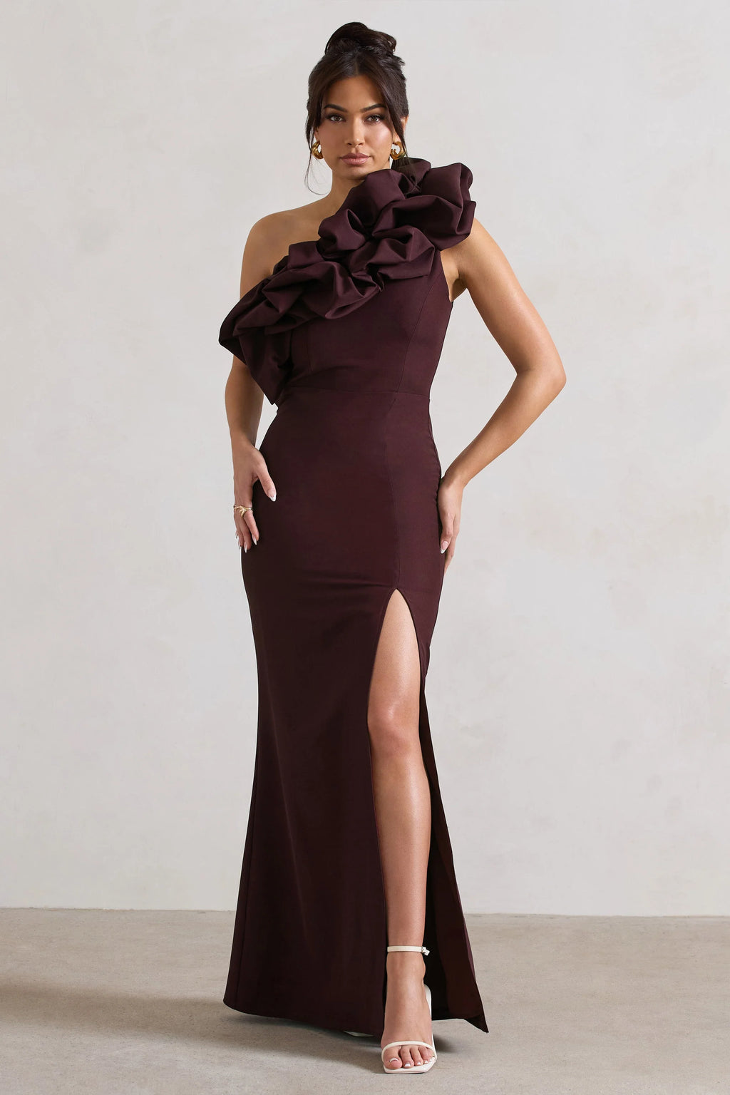 Vienne | Dark Plum Asymmetric Ruffle Split Maxi Dress