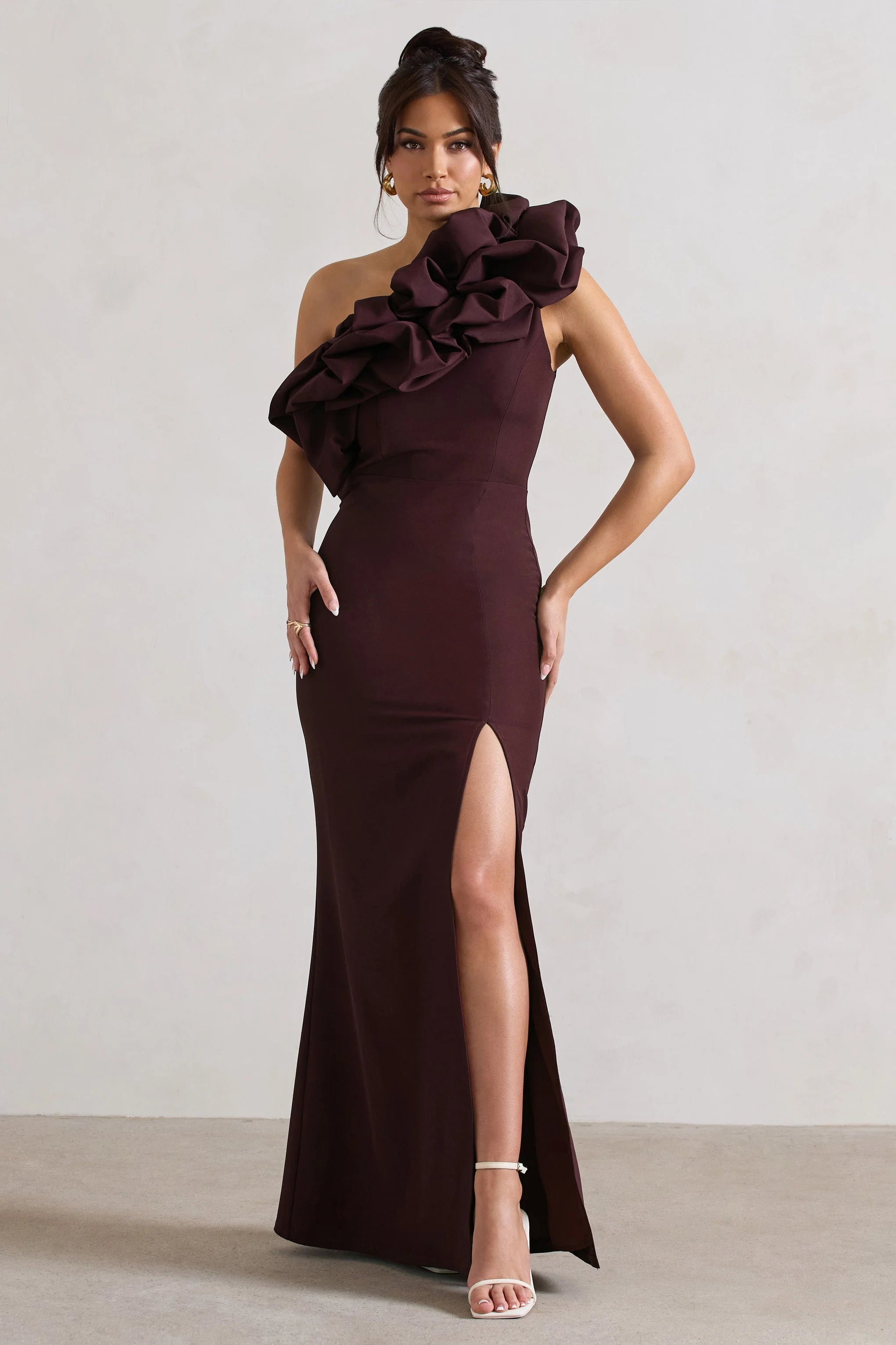 Vienne | Dark Plum Asymmetric Ruffle Split Maxi Dress