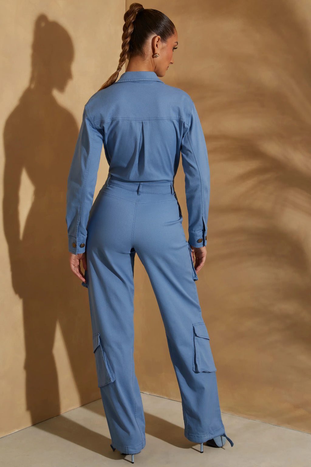 Tall Wide Leg Long Sleeve Cargo Jumpsuit in Dark Blue